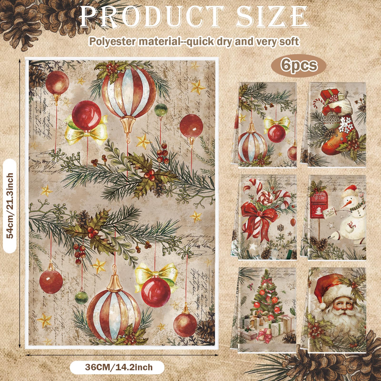 Hosuly 6 Pcs Christmas Kitchen Towels Vintage Santa Dish Cloth Christmas Farmhouse Tea Towels Santa Snowman Sock Ball Xmas Tree