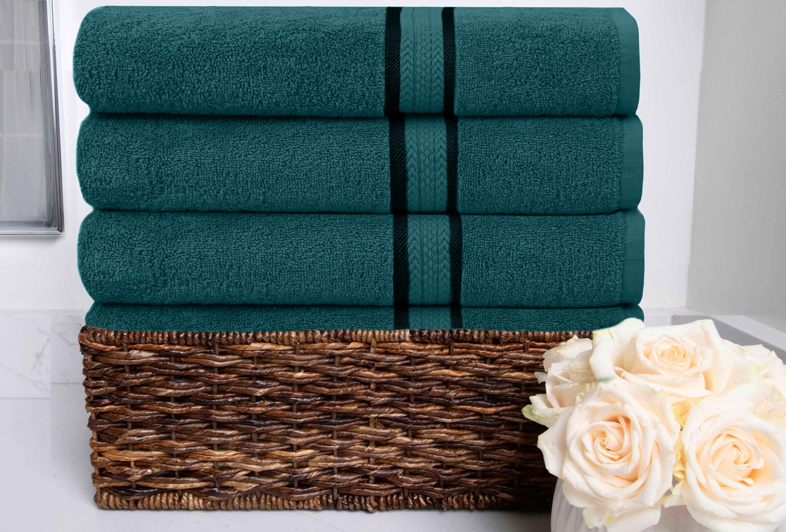 Cotton Craft Ultra Soft 4 Pack Oversized Extra Large Bath Towels 30X54 Teal Weighs 22 Ounces - 100% Pure Ringspun Cotton - Luxur