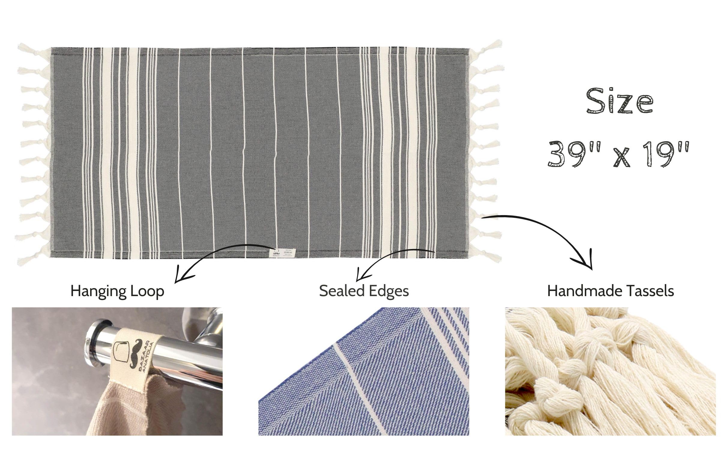 Bazaar Anatolia Turkish Hand Towels Set Of 2 Decorative Towels For Bathroom 100% Cotton - 39X19 - Hanging Loop Boho Farmhouse Ba