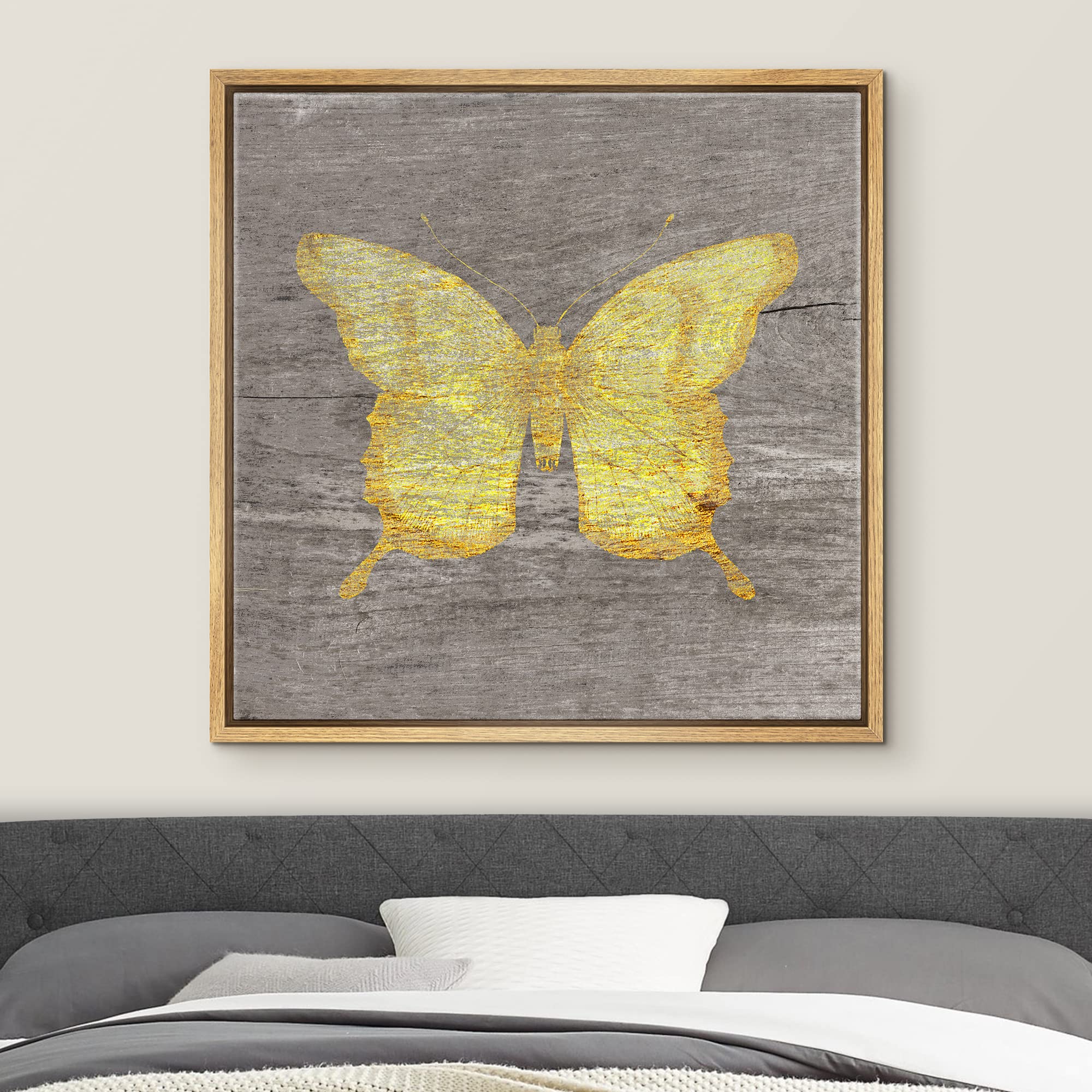 Wall26 Framed Canvas Print Wall Art Yellow Wood Effect Butterfly Nature Plants Wood Panels Modern Art Farmhouse/Country Colorful
