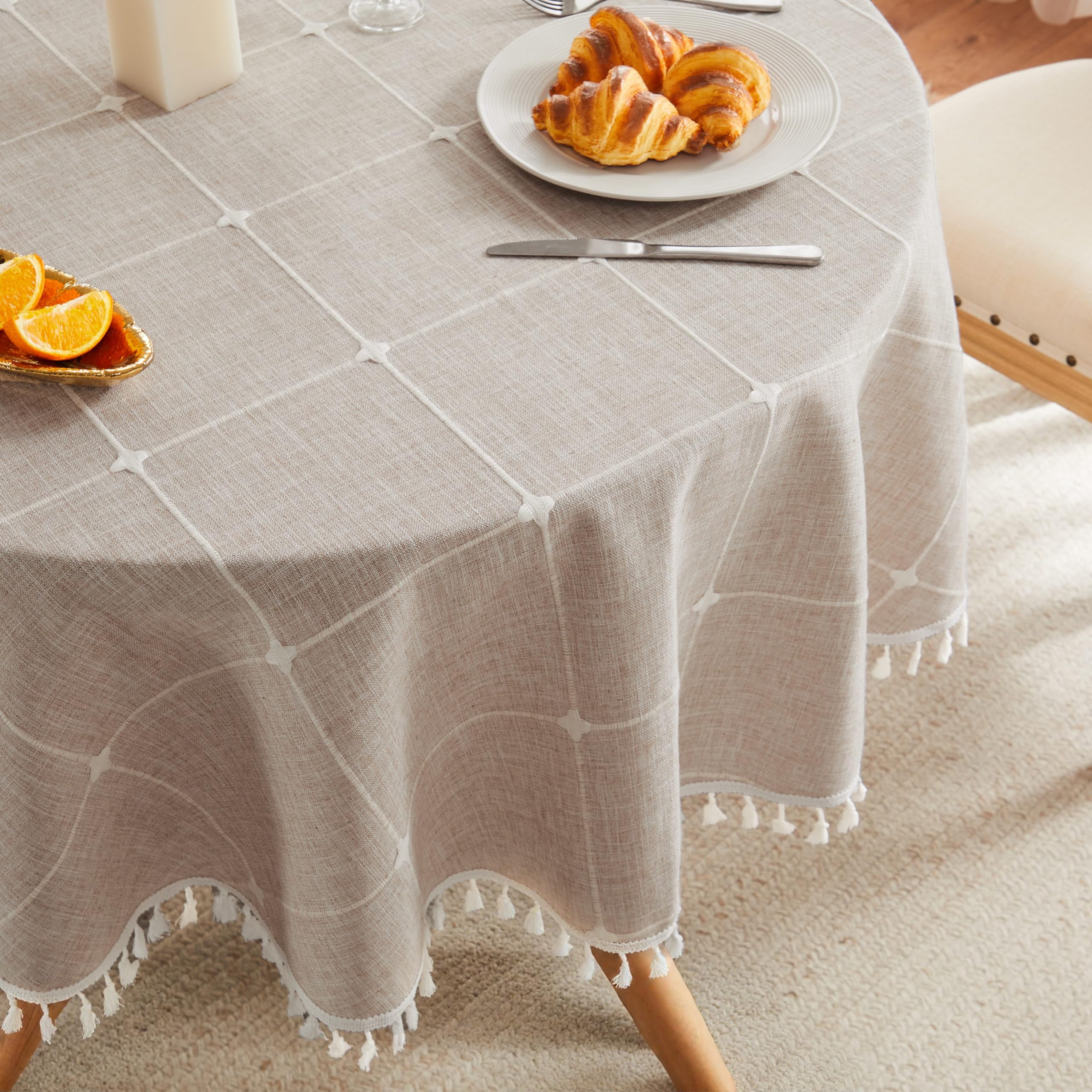 ZeeMart Boho Grid Table Cloth with Tassels (Taupe, 52 Round), Heavy Weight Linen Checked Embroidered Farmhouse Tablecloth, Water