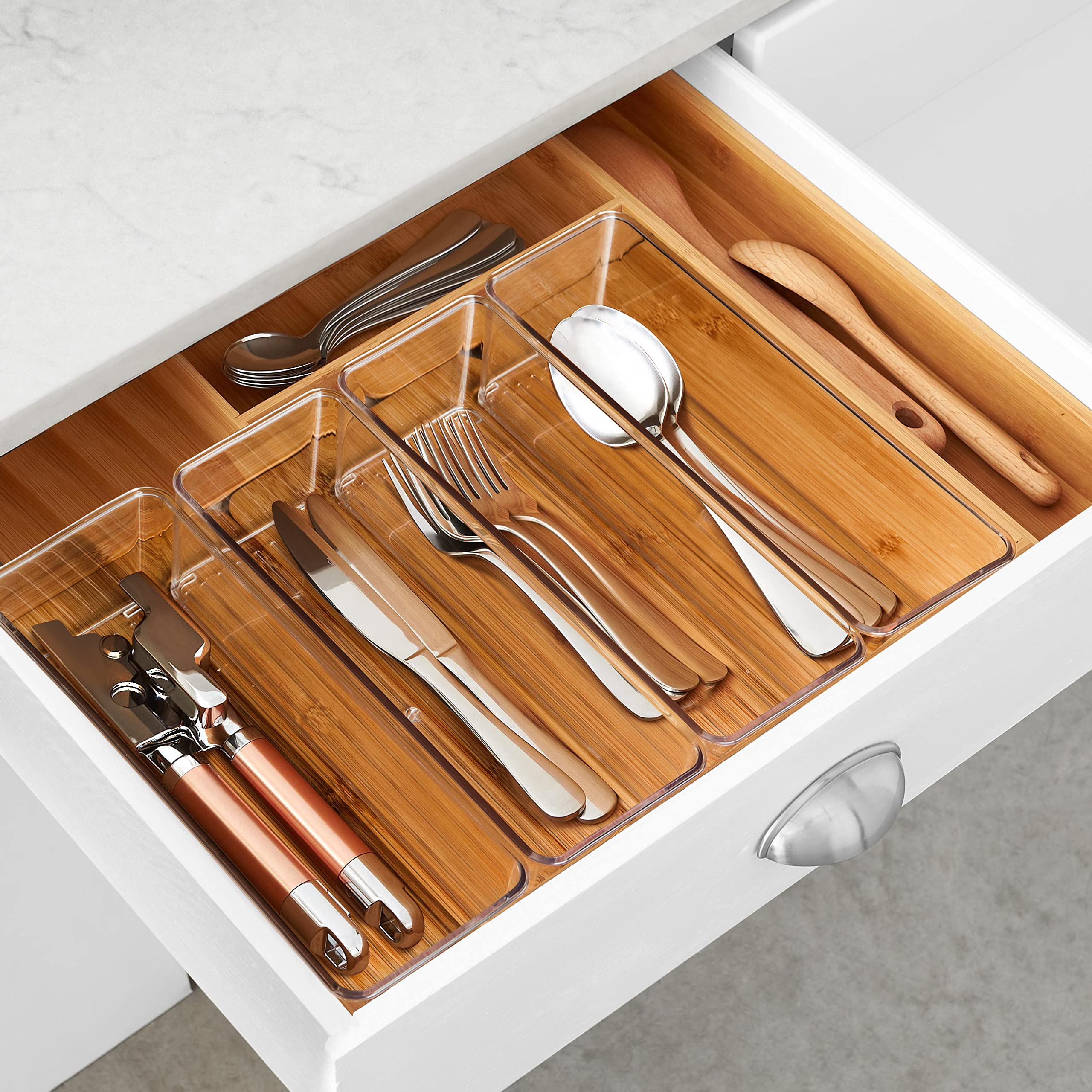 Hudgan 8 Pack Clear Plastic Drawer Organizer Bins Set, Stackable Cutlery Storage Bins Trays For Organizing Kitchen Supplies, Bat