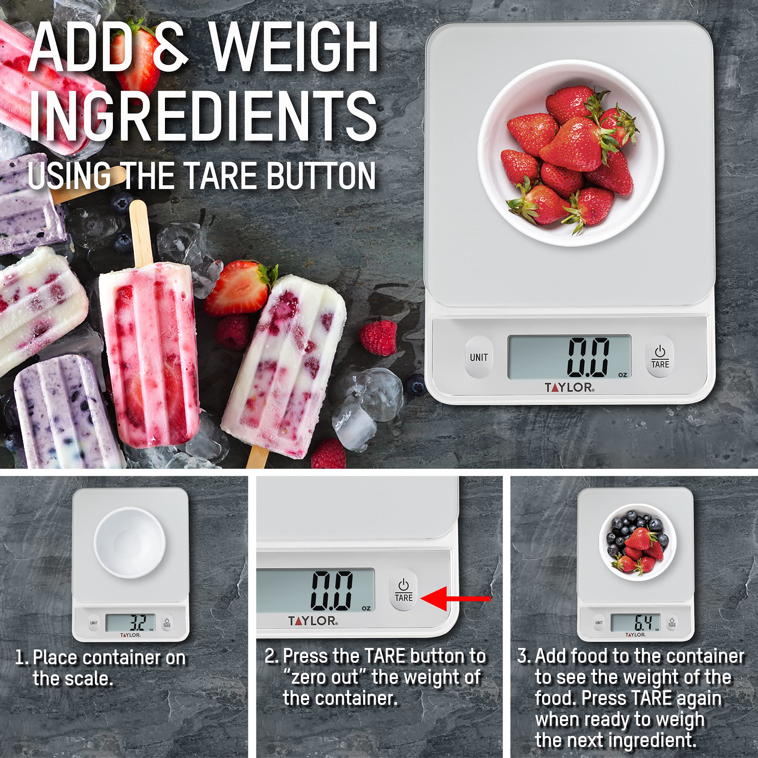 Taylor Glass Top Food Scale With Touch Control Buttons, 11 Lb Capacity, Silver