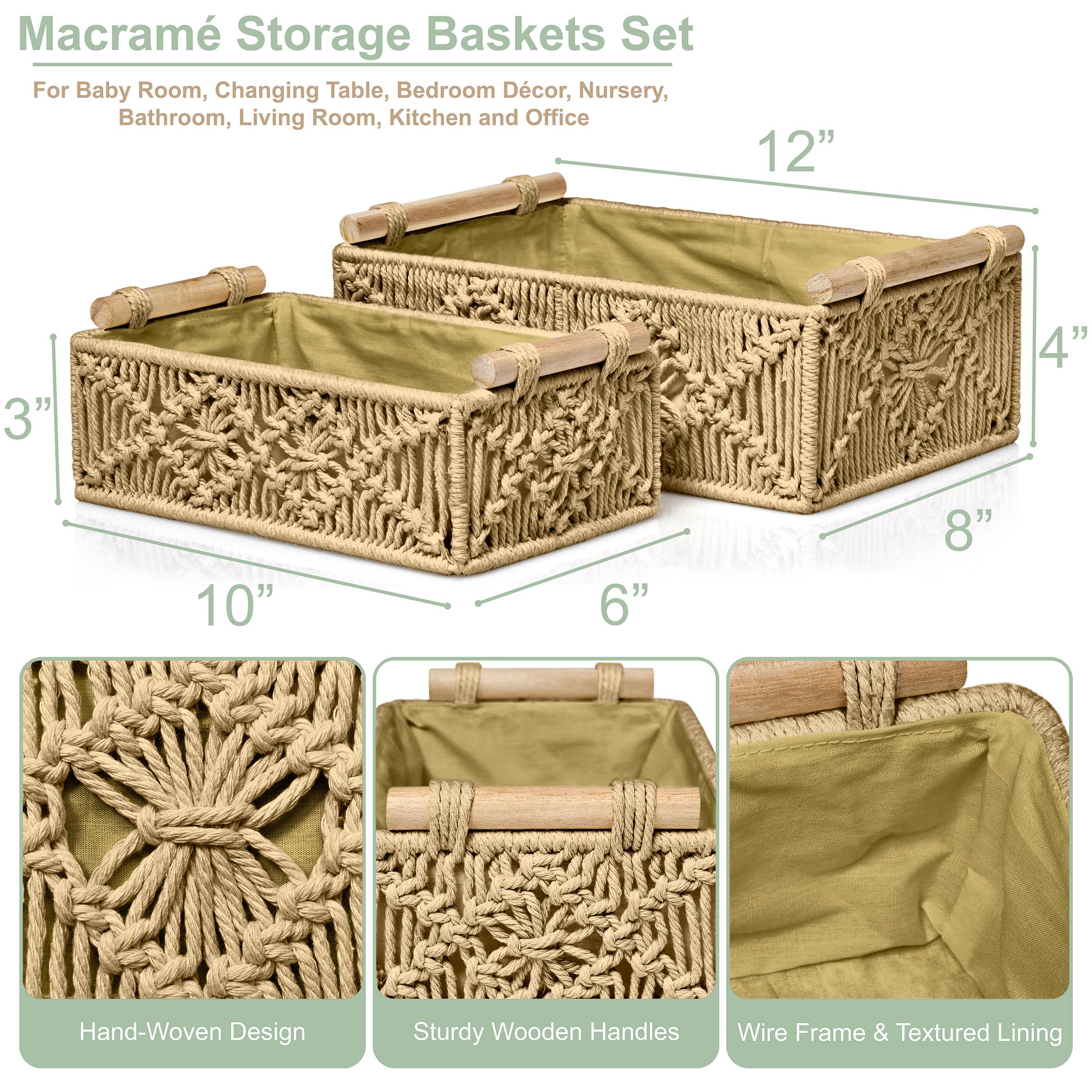 Sorbus Macrame Boho Decor Baskets - 2 Decorative Gift Baskets For Nursery, Baby Room, Toilet Tank Top - Lined Baby Basket Set Fo