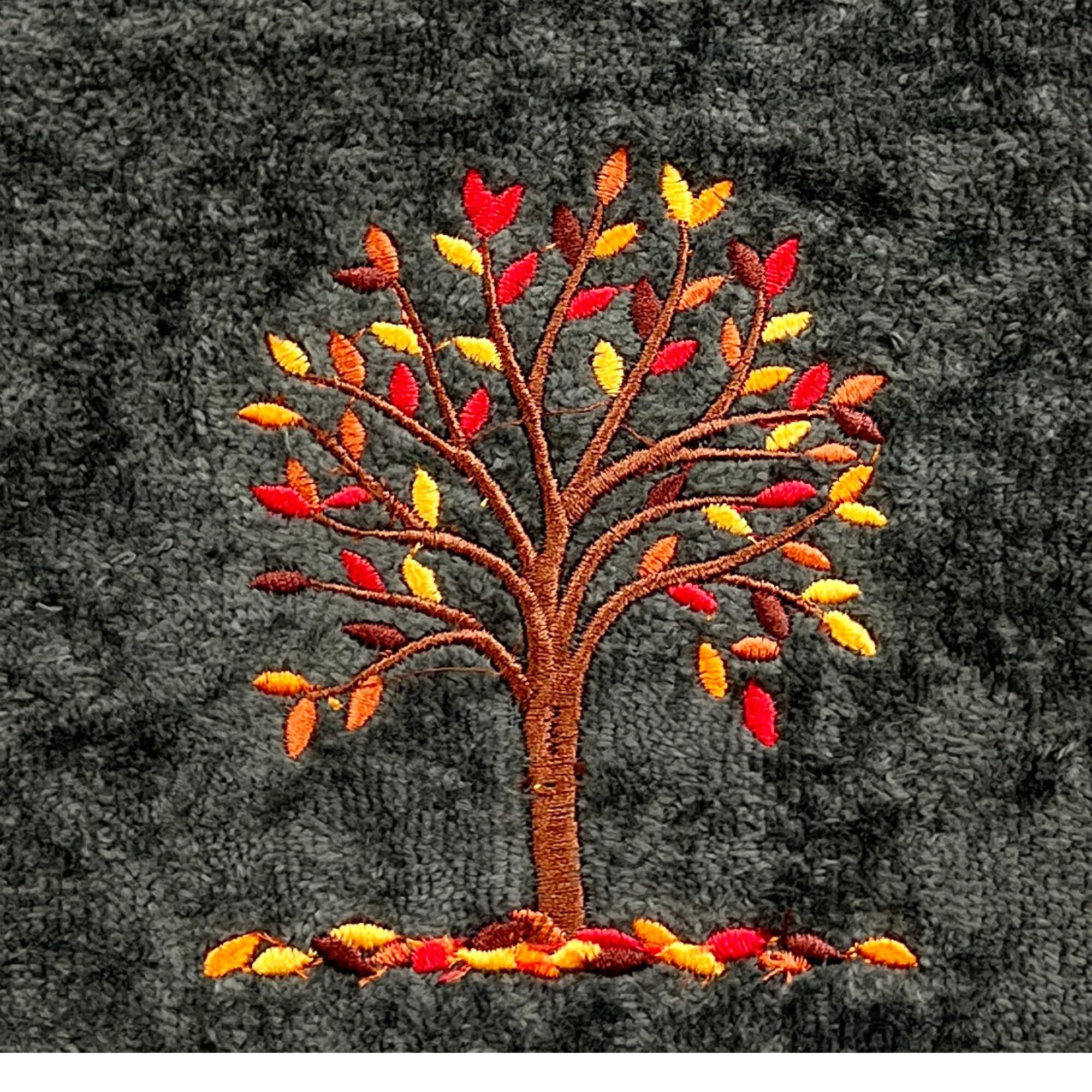 Harvest Fall Hand Towels: Plush Dark Grey Gray Cotton Towels With Autumn Tree Design Set Of 2, 16'' X 25'' Inch (Mod Harvest)