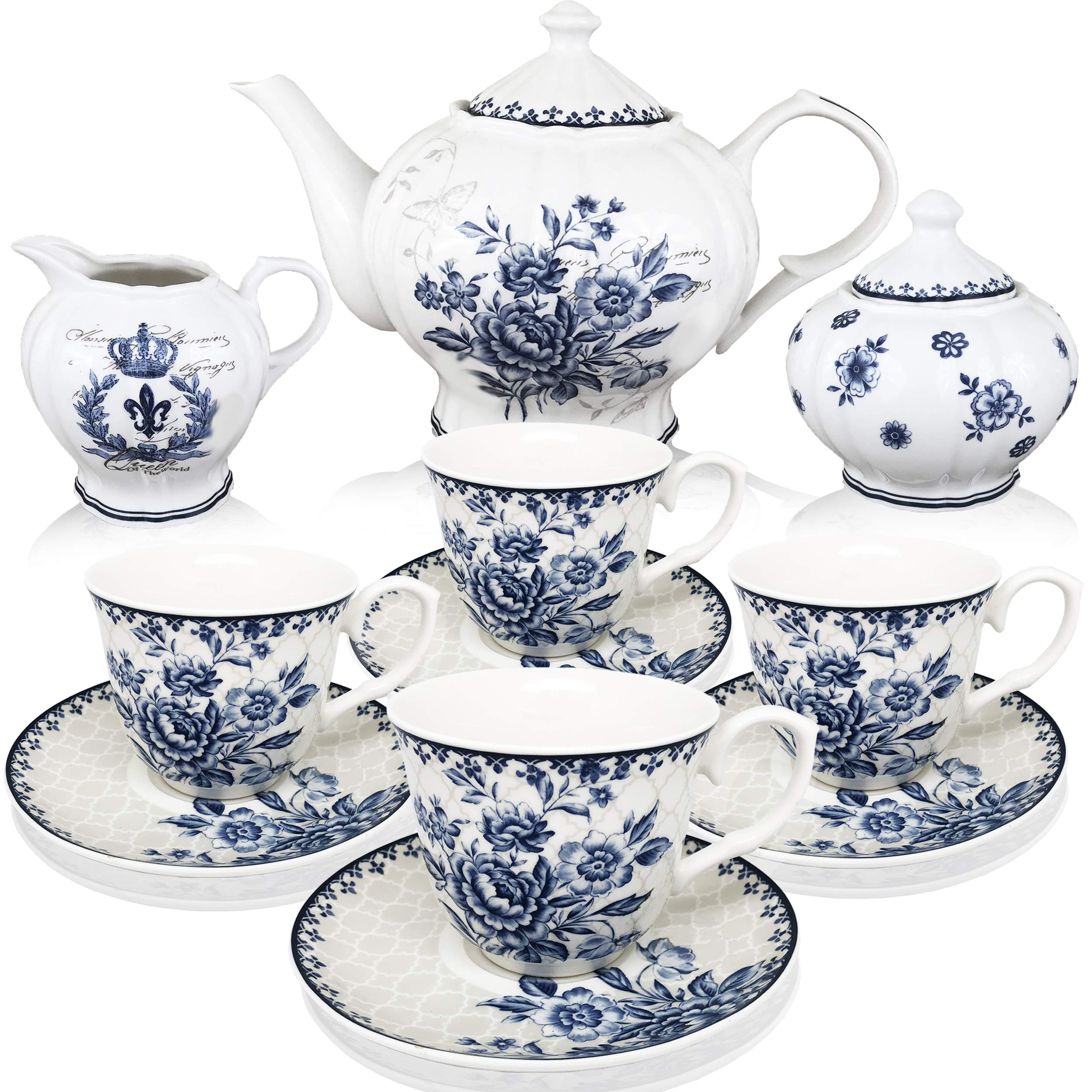 BTaT- Blue Dream Tea Set, Tea cups (8oz), Tea Pot (48oz), Creamer and Sugar Set, Gift box, China Tea Set, Tea Service, Tea Cups 