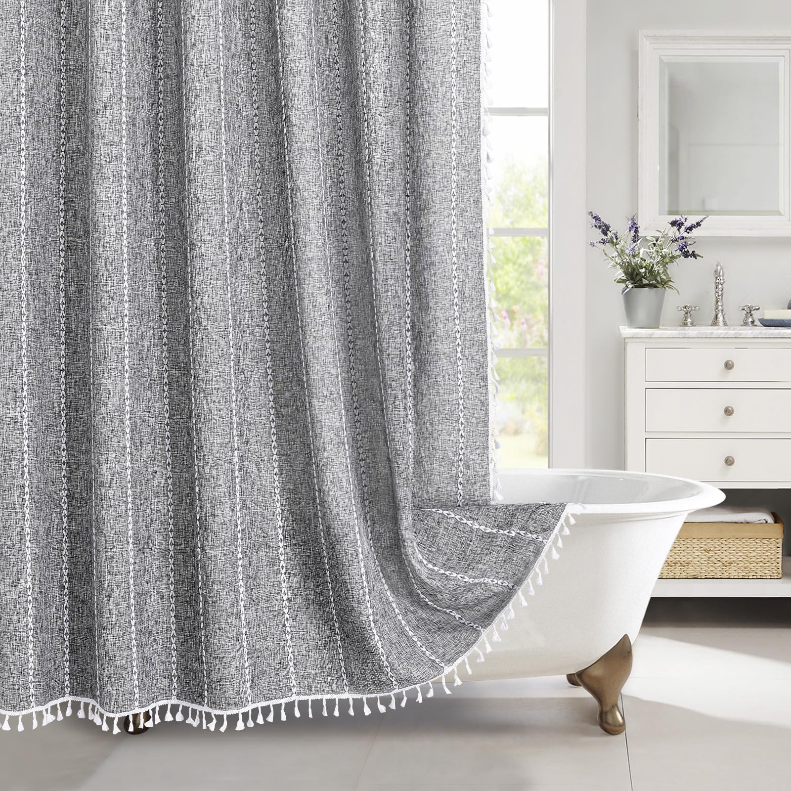 Mitovilla Dark Grey Boho Shower Curtains For Modern Farmhouse Bathroom Decor, Country Thick Cotton Linen Fabric Shower Curtain,