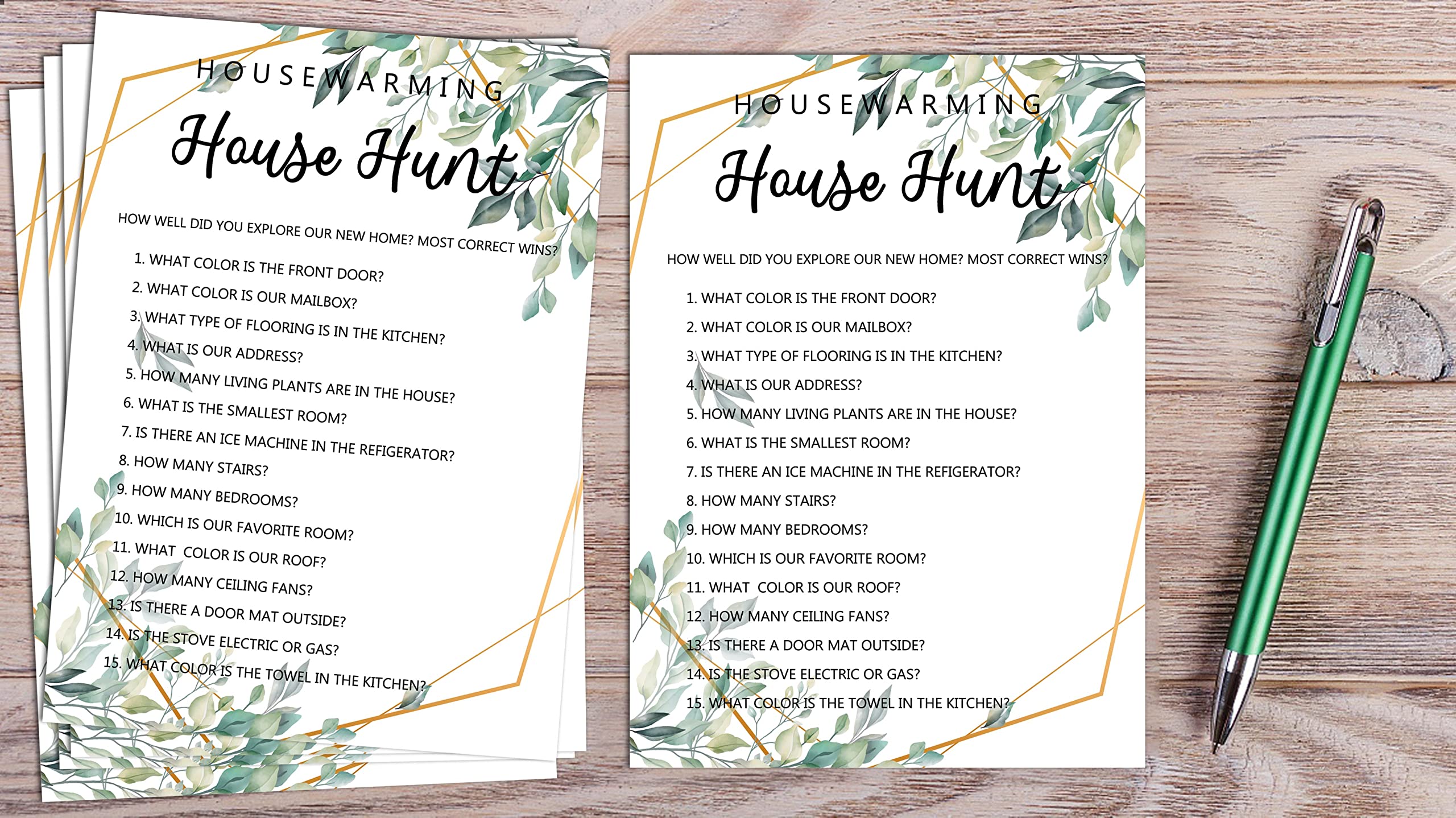 Housewarming Party Games, House Hunt, Greenery New Home, New House, New Homeowner Party Games Cards, 30 Sheets Each Pack