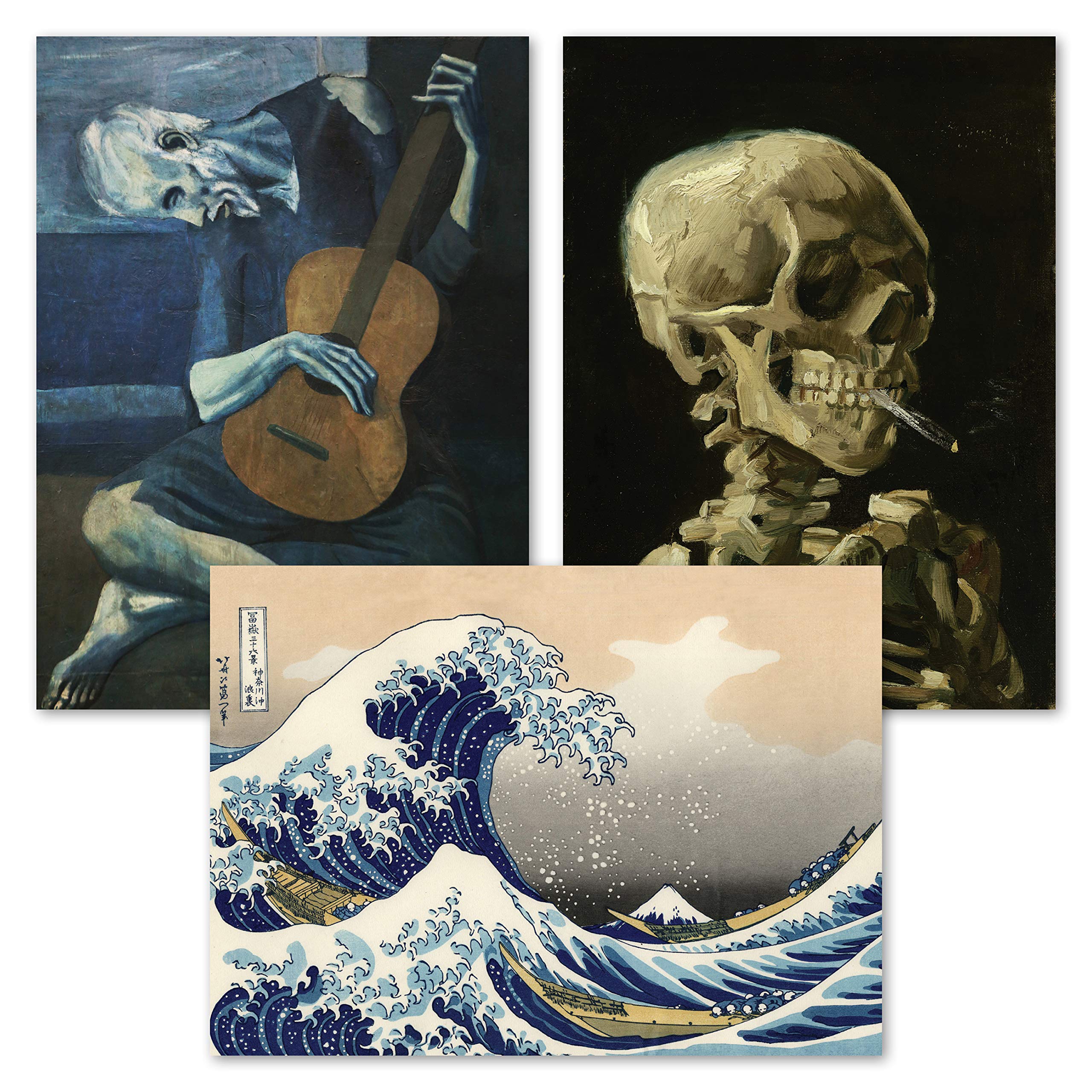 3 Pack Of Posters: Vincent Van Gogh Skeleton + The Old Guitarist By Pablo Picasso + The Great Wave Off Kanagawa By Katsushika Ho