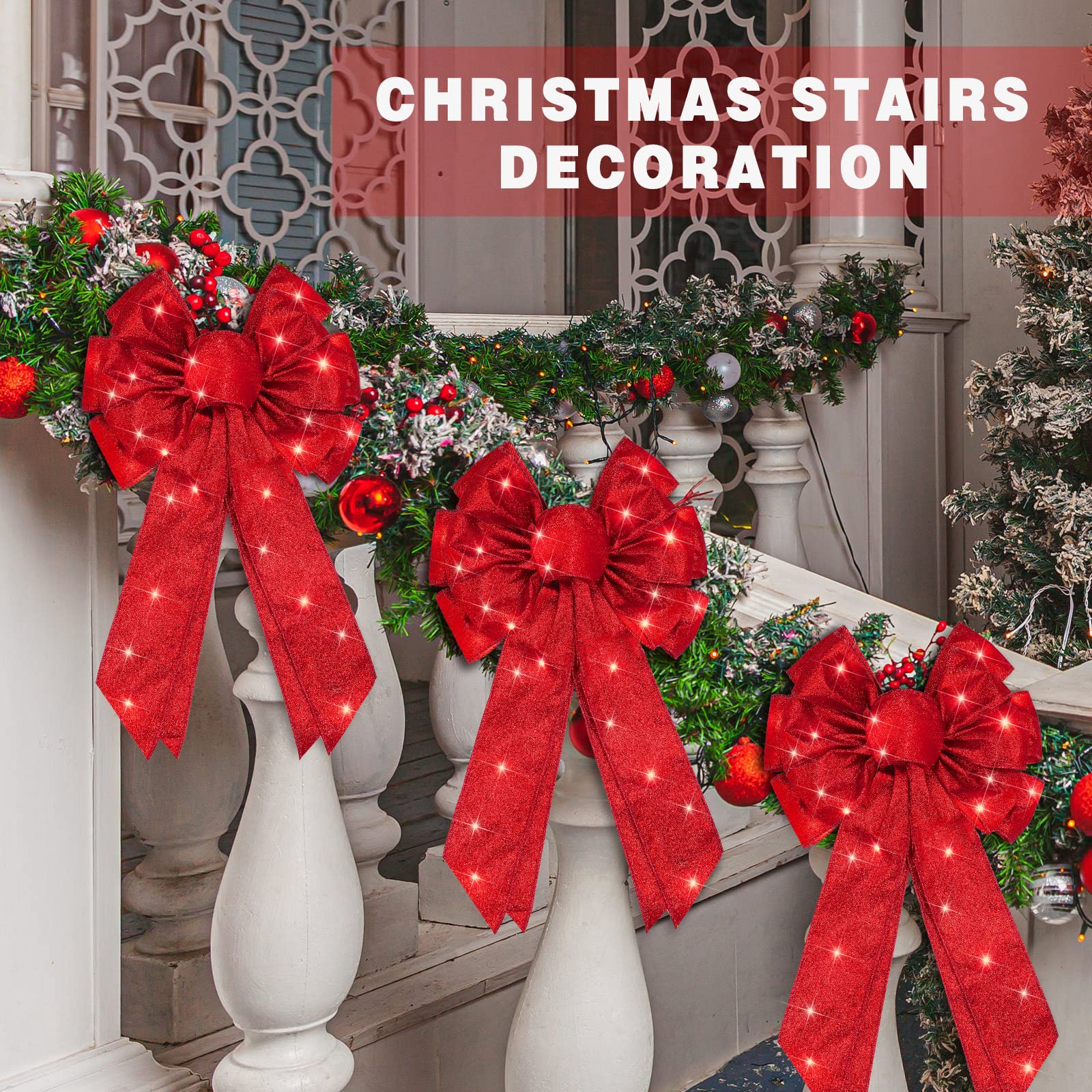 Giegxin 2 Pcs Large Red Lighted Christmas Bows with Lights for Wreath and Tree Topper, 18x F10 Inch Pre Lit Red Wreath Bow Light