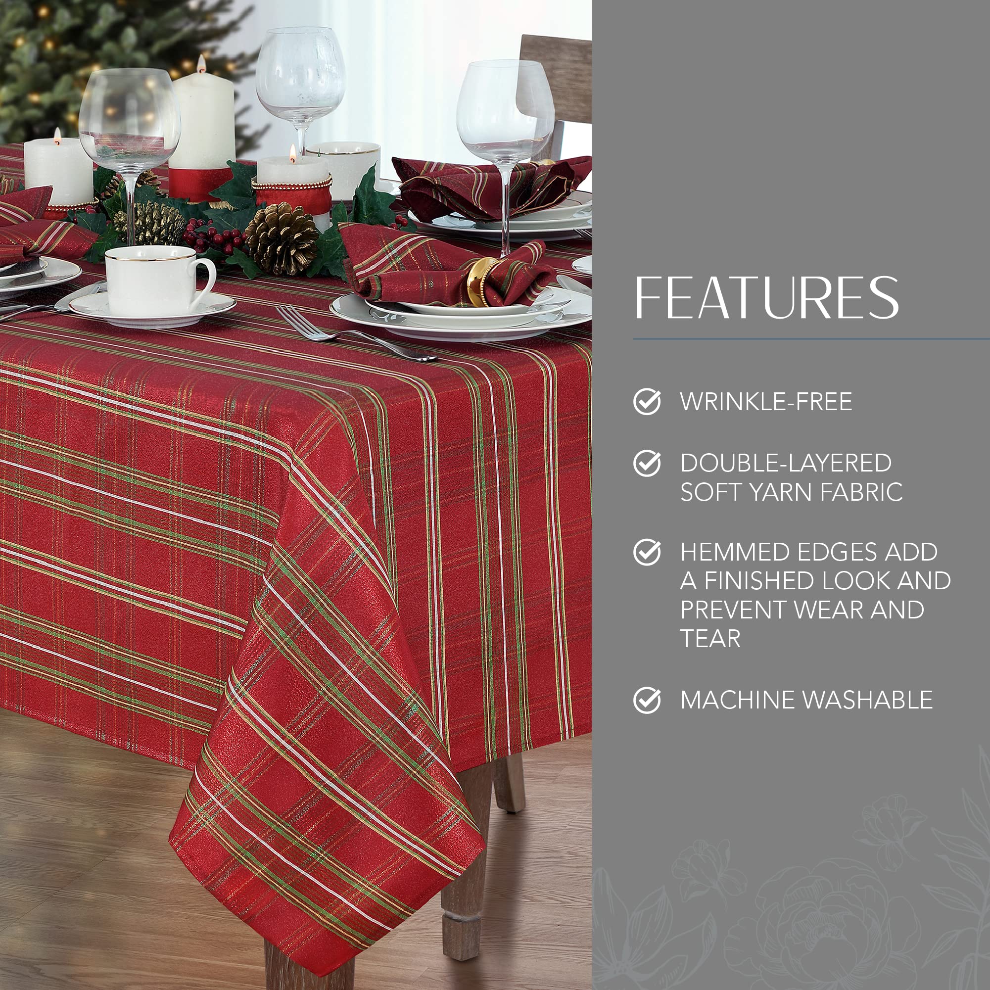 Elrene Home Fashions Shimmering Plaid Holiday Fabric Tablecloth, 60'' X 120'', Red