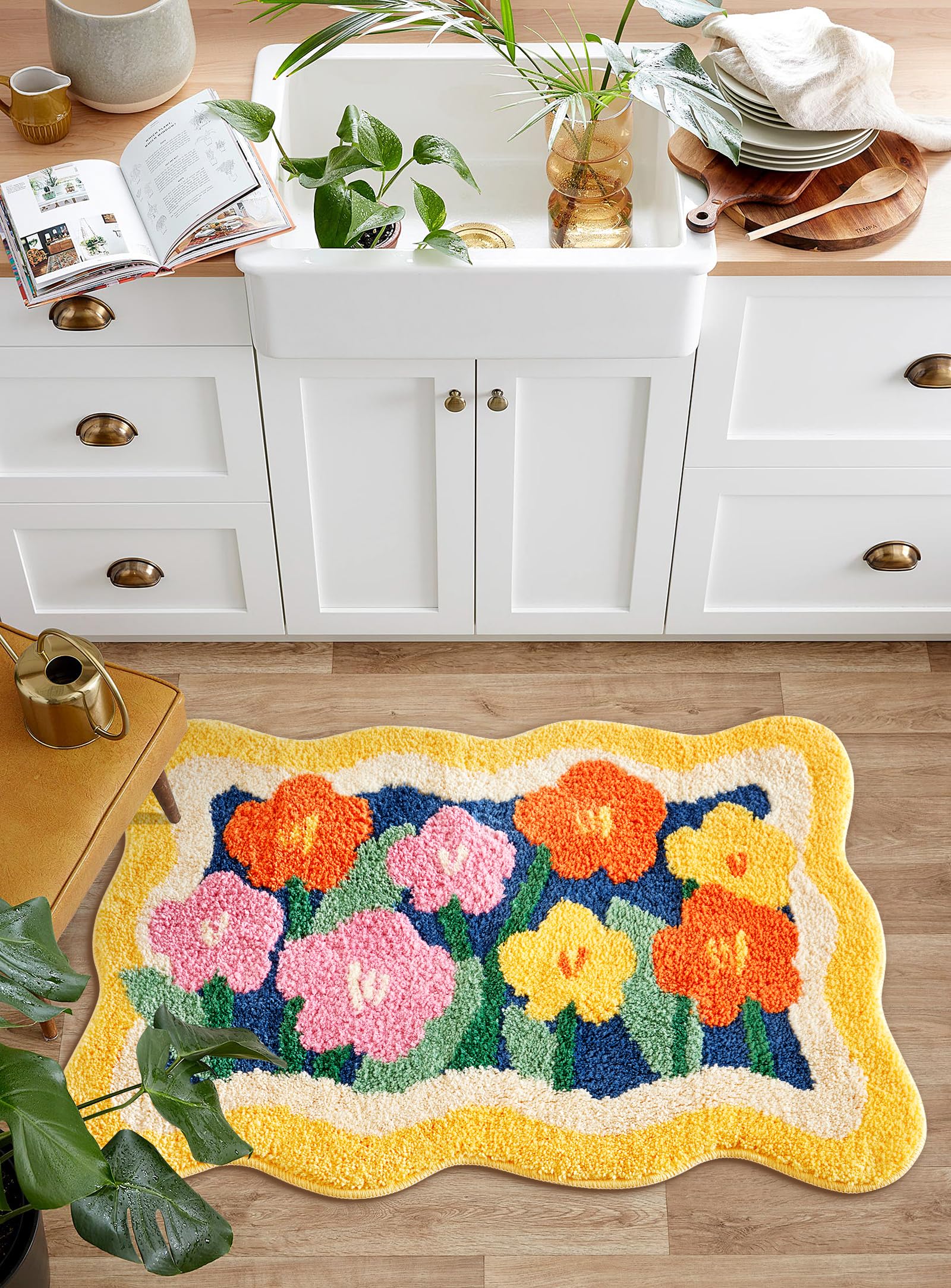 Aldopein Boho Floral Bath Mat 16''W X 24''L Non Slip Washable Cute Colorful Flower Daisy Bathroom Rug Water Absorbent, Vibrant F