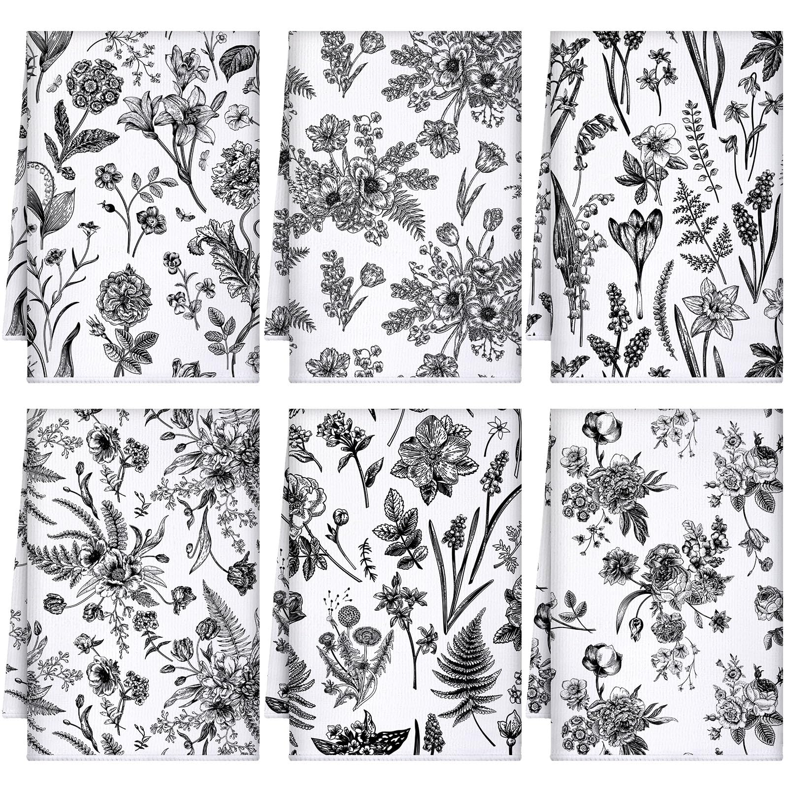 Boyiee Set Of 6 Vintage Floral Kitchen Towels Black Plants Dish Towels White Rustic Tea Towels Absorbent Flower Dish Towels 24''