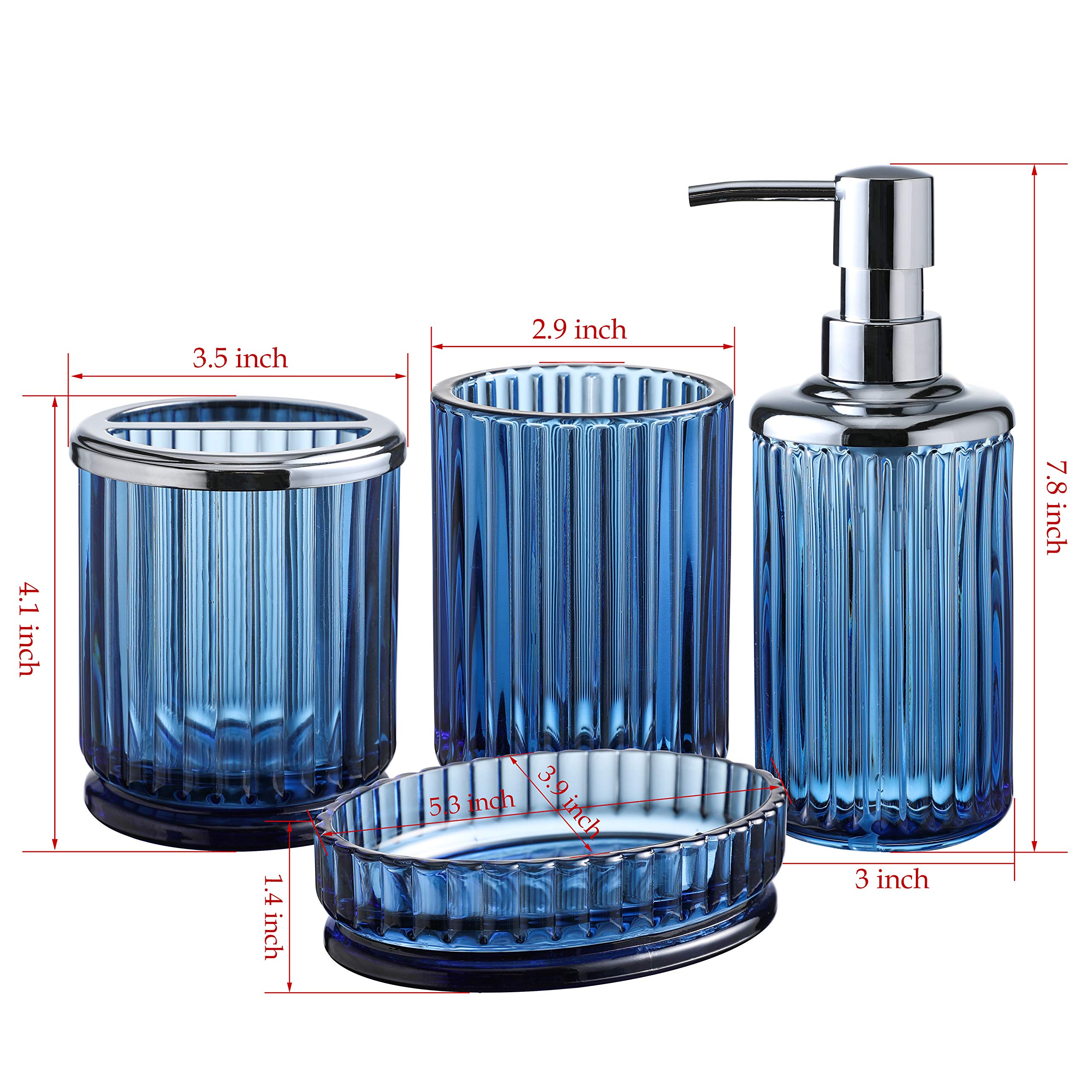 4Pcs Heavy Weight Decent Blue Glass Bathroom Accessories Set With Decorative Pressed Pattern - Includes Hand Soap Dispenser & Tu