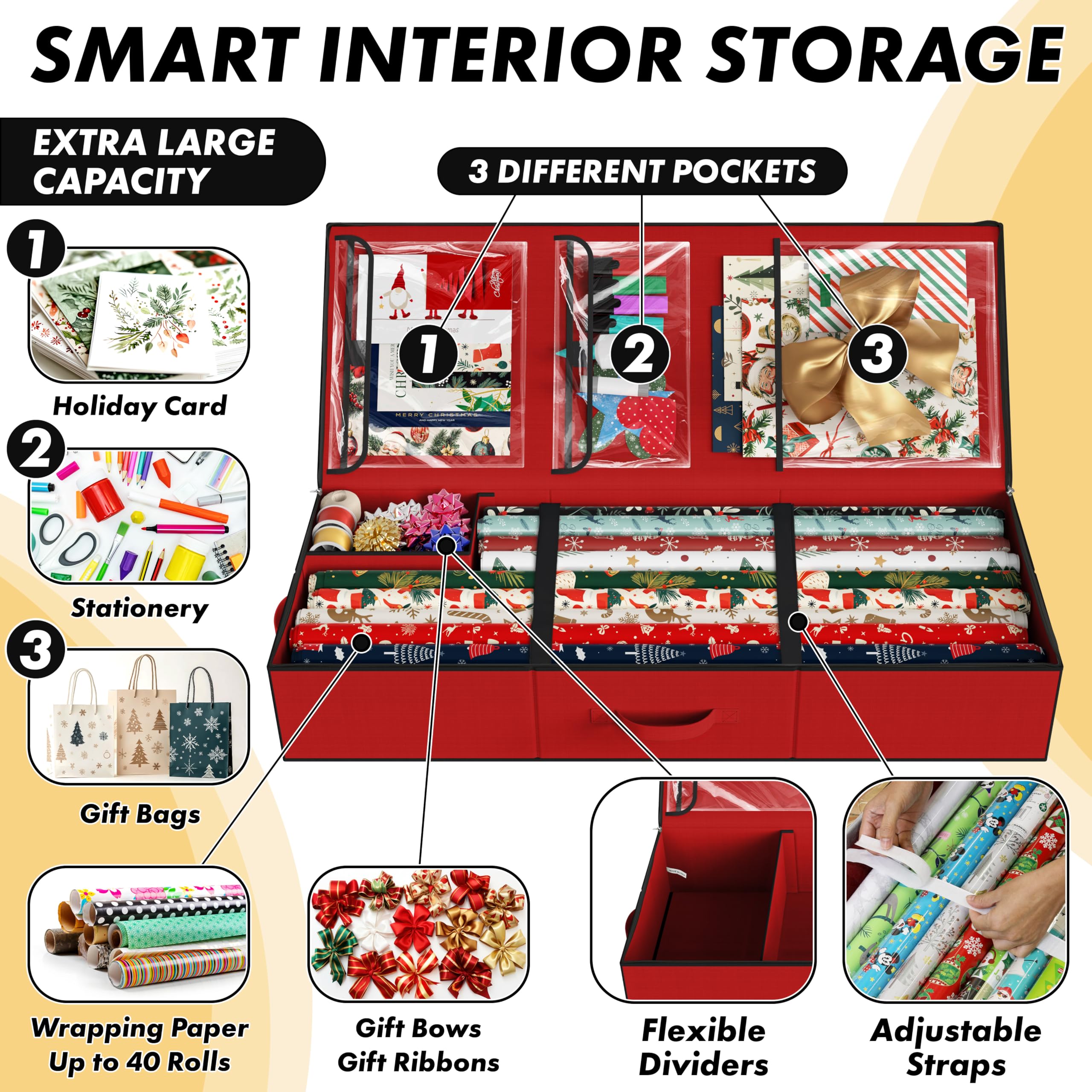 Simple Houseware Wrapping Paper Organizer - Under Bed Storage for 25-40 Rolls Gift Wrapping Paper, Gift Bags, Ribbons, 41.5''L x