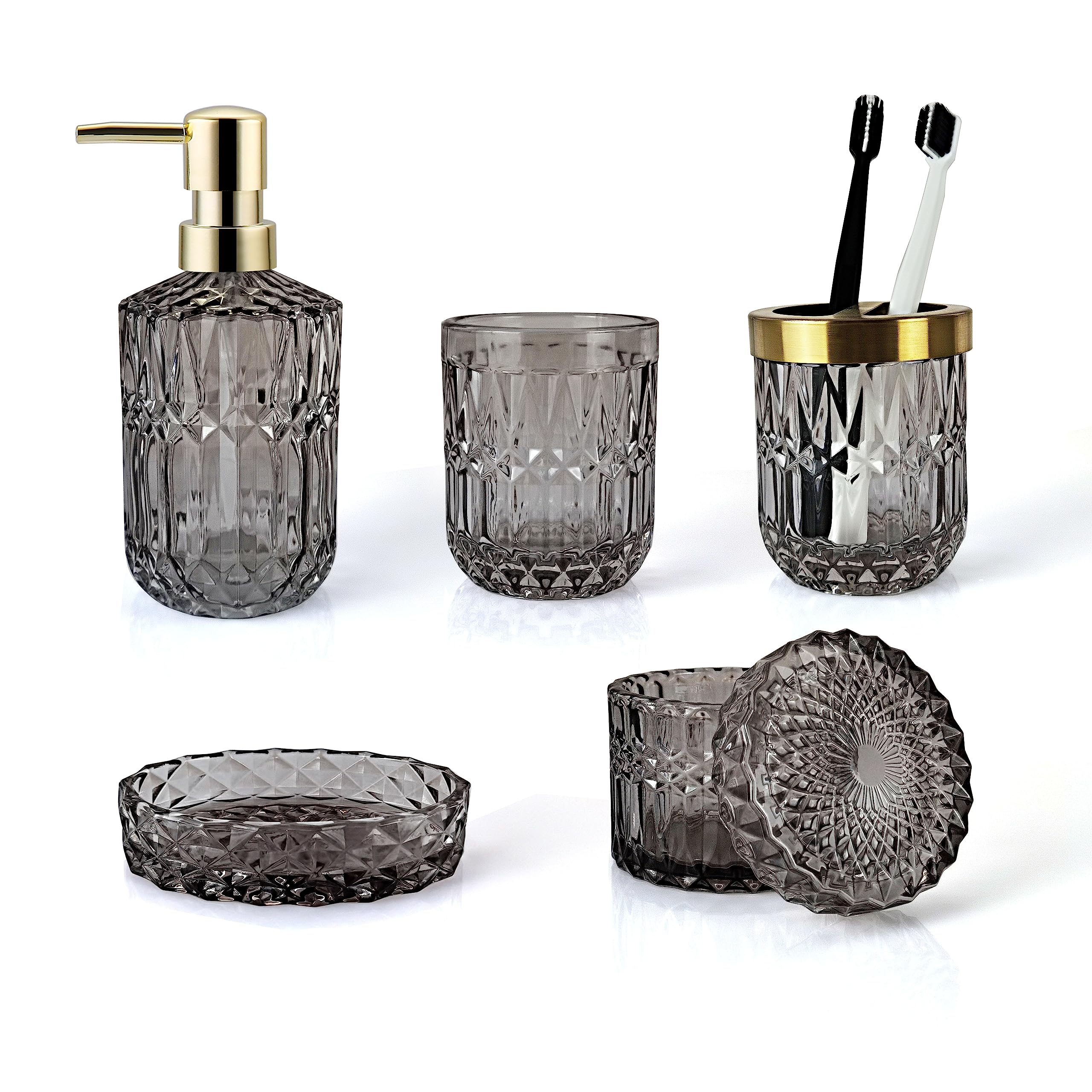 Lamarriti 5Pcs Black Glass Bathroom Accessory Complete Set, Lotion Dispenser, Soap Dish, Toothbrush Holder Set, Tumbler, Cotton