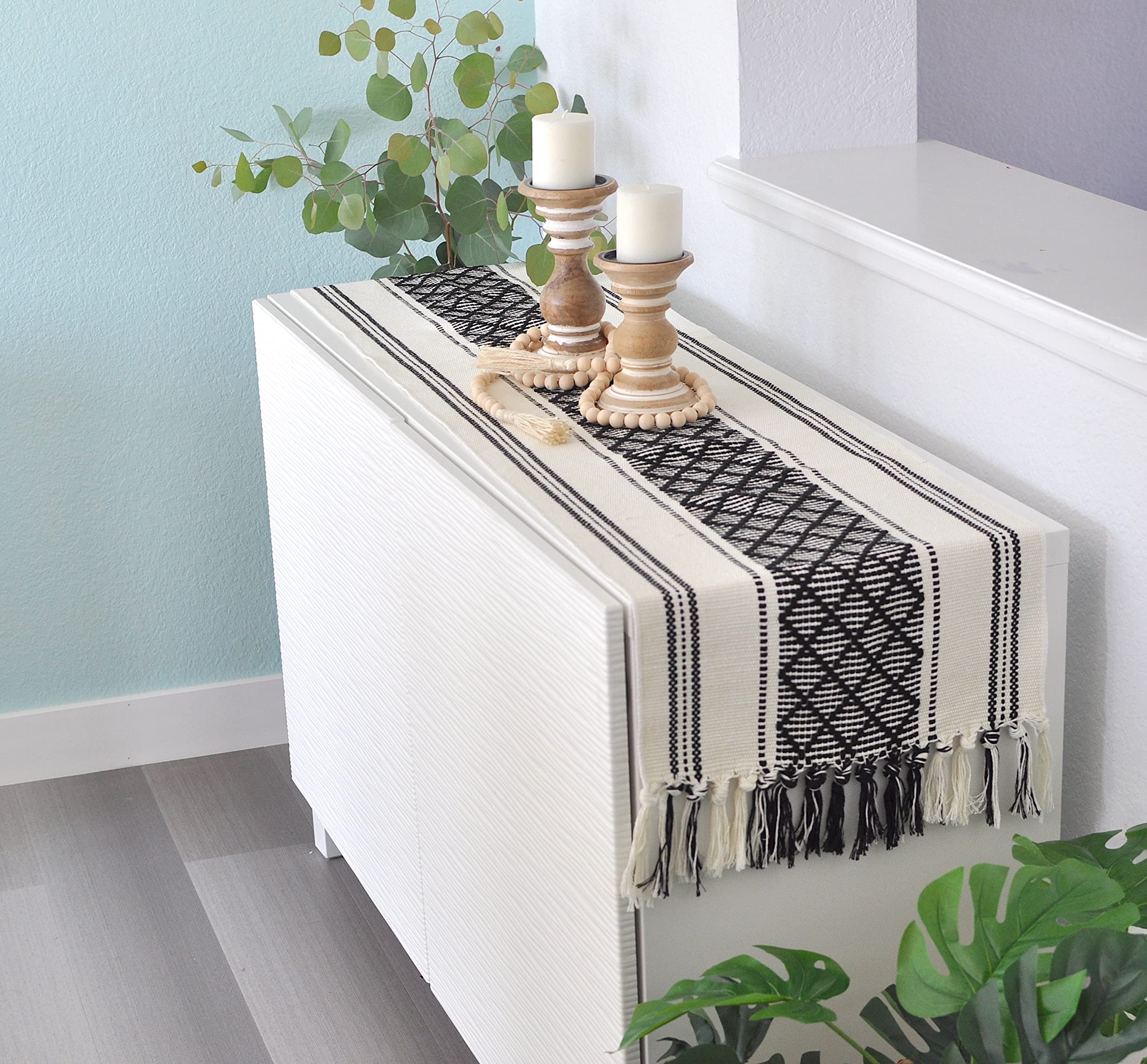 Boho Table Runner With Fringe 14 X 90 Inches, Black & Cream | Woven Washable Console Tabletop Runner / Dresser Scarf, Farmhouse