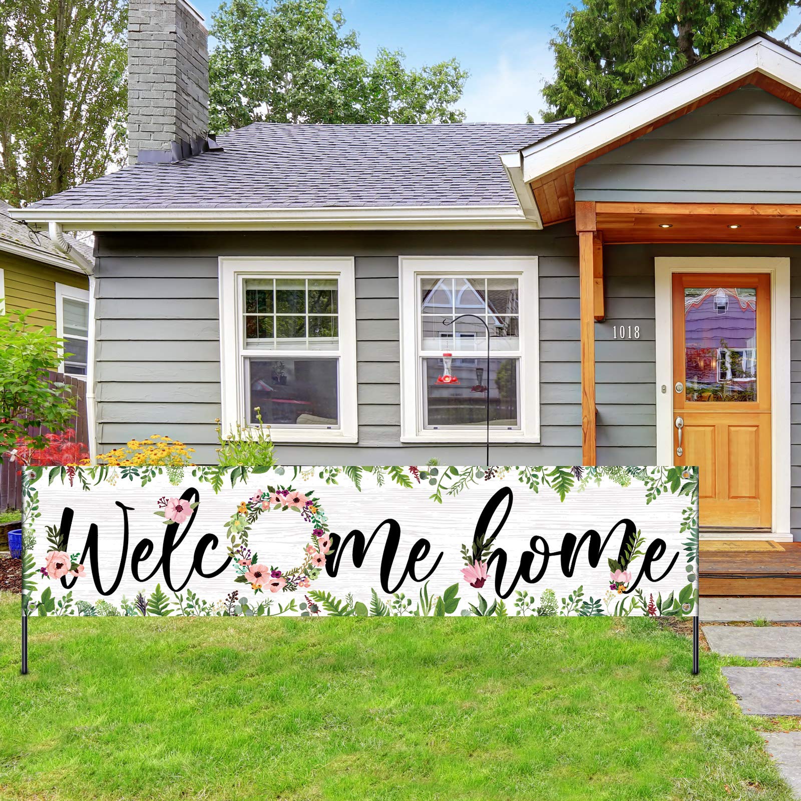 Sumind Welcome Home Banner Large Welcome Home Sign Decorations with Rope Hanging Seasonal Spring Flower Garland Grass Backdrop f
