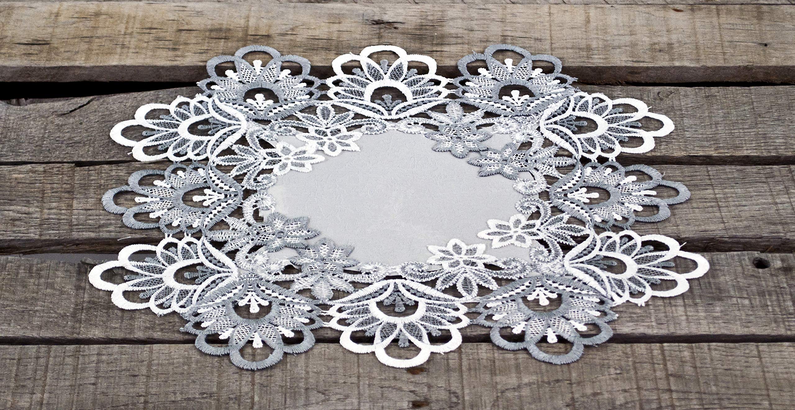 Silver Antique Jacquard Peacock Tail Lace Doily, Place Mat, Table Centerpiece, Table Topper (14 Inch Square)