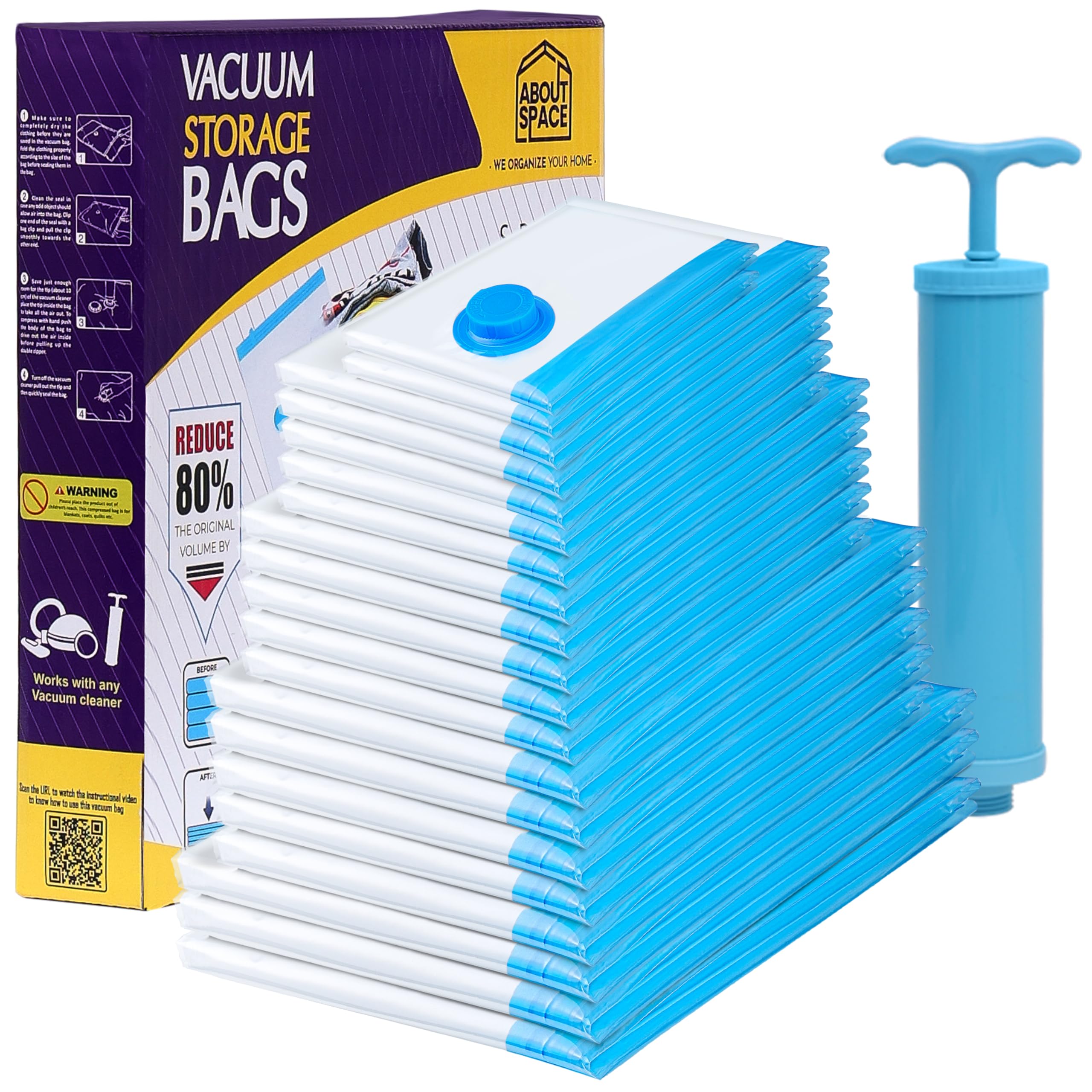 About Space Vacuum Compression Bags (20 Pack) With Hand Pump | 3X Jumbo/5Jumbo/5L/5M/2S Zip Seal Storage Bag | HeavyDuty Airti