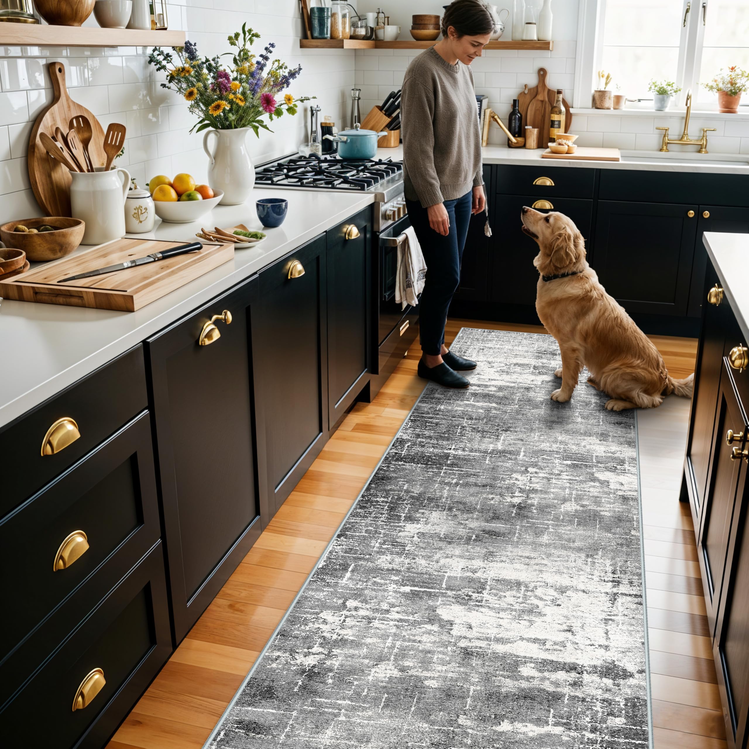 Washable 2X10 Kitchen Area Rug: Entryway Abstract Rug Runner Soft Bedroom Besides Floor Mat Non-Slip Indoor Farmhouse Carpet for