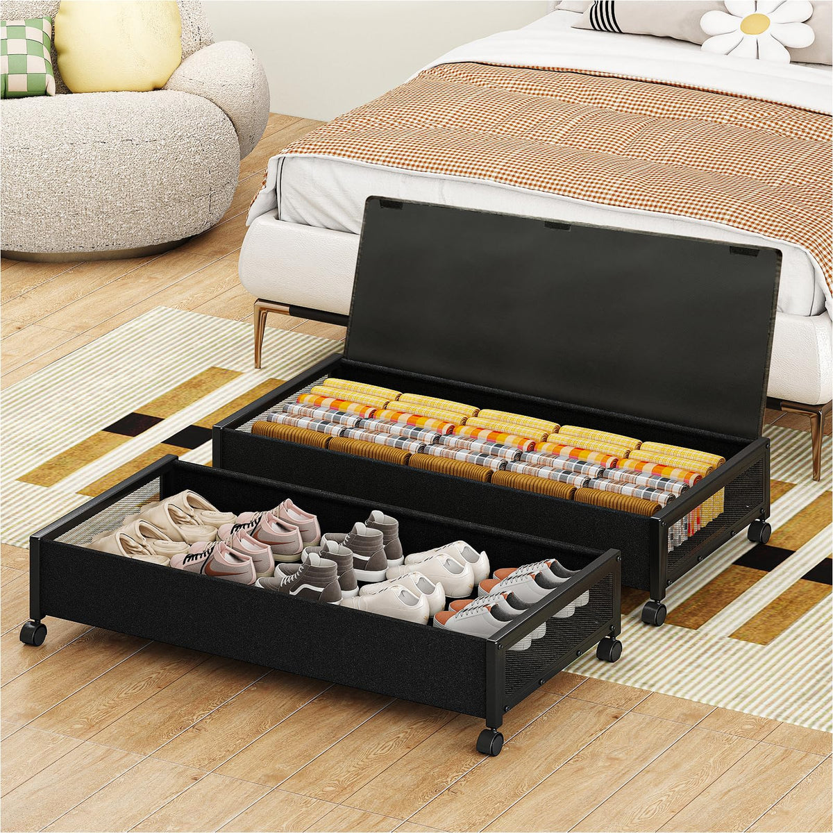 Fokyfok 2 pack Under the Bed Storage Containers,36'' Underbed Storage with Wheels,Under Bed Shoe Storage,Under Bed Rolling Stora