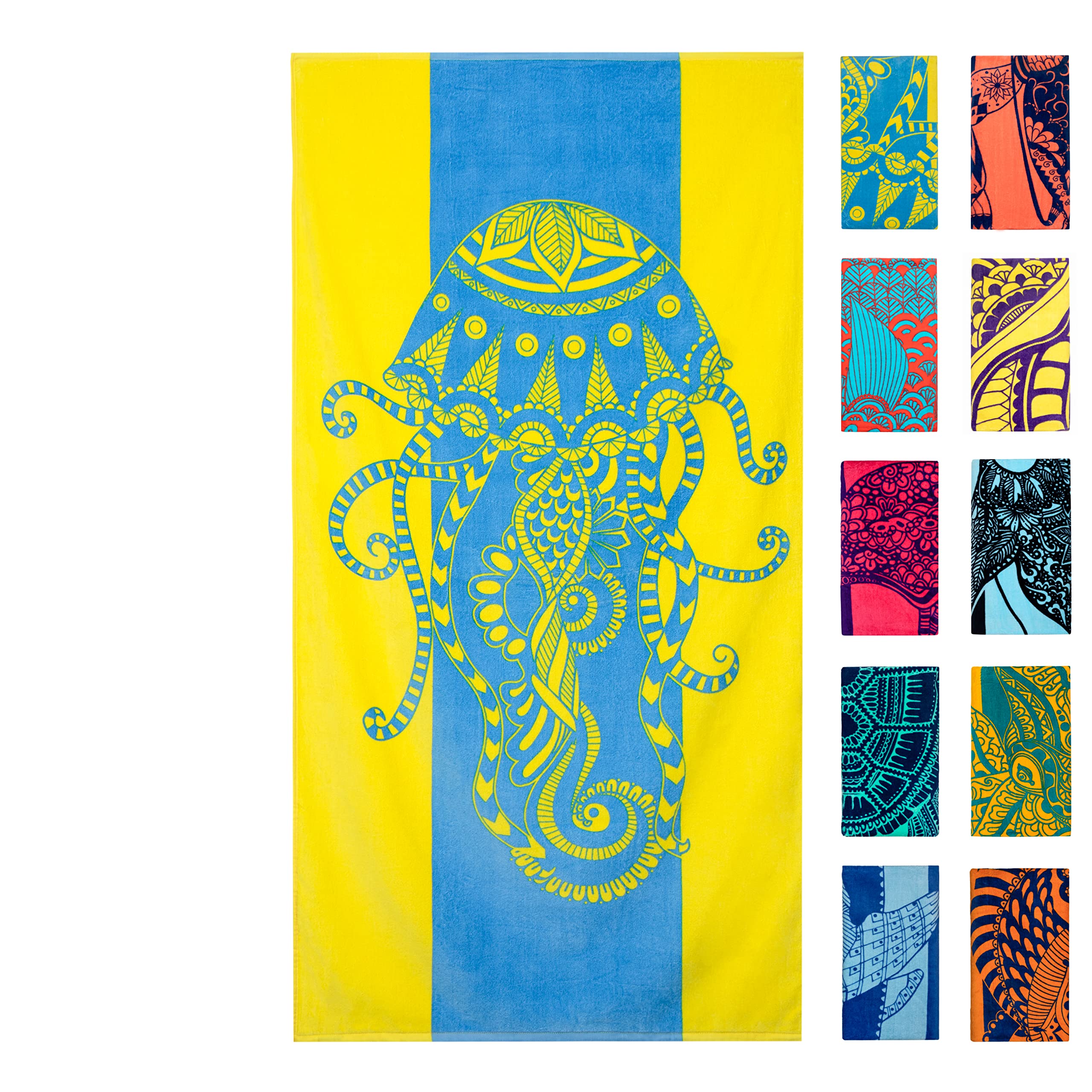 Nova Blue Jellyfish Beach Towel - Tropical Blue & Yellow Colors With A Unique Design, Extra Large, Xl (34