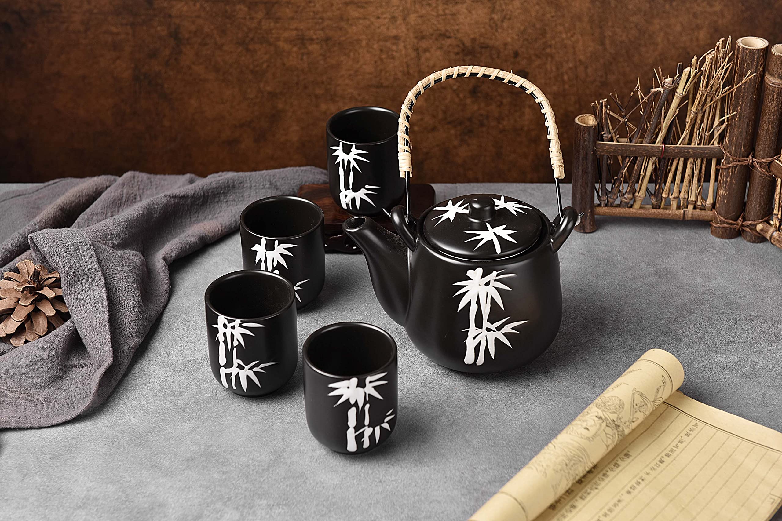 Mose Cafolo Japanese Tea Set Black With White Bamboo Ceramic Tetsubin Teapot & 4 Teacups, Stainless Steel Infuser, Rattan Handle