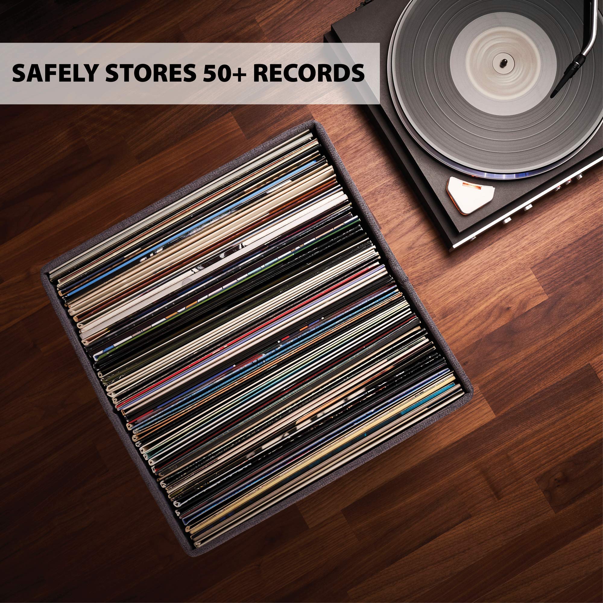 ZICOTO Decorative Vinyl Record Storage Box for 50+ Single Records - Sturdy and Easy to Carry LP Holder with Lid - The Perfect St