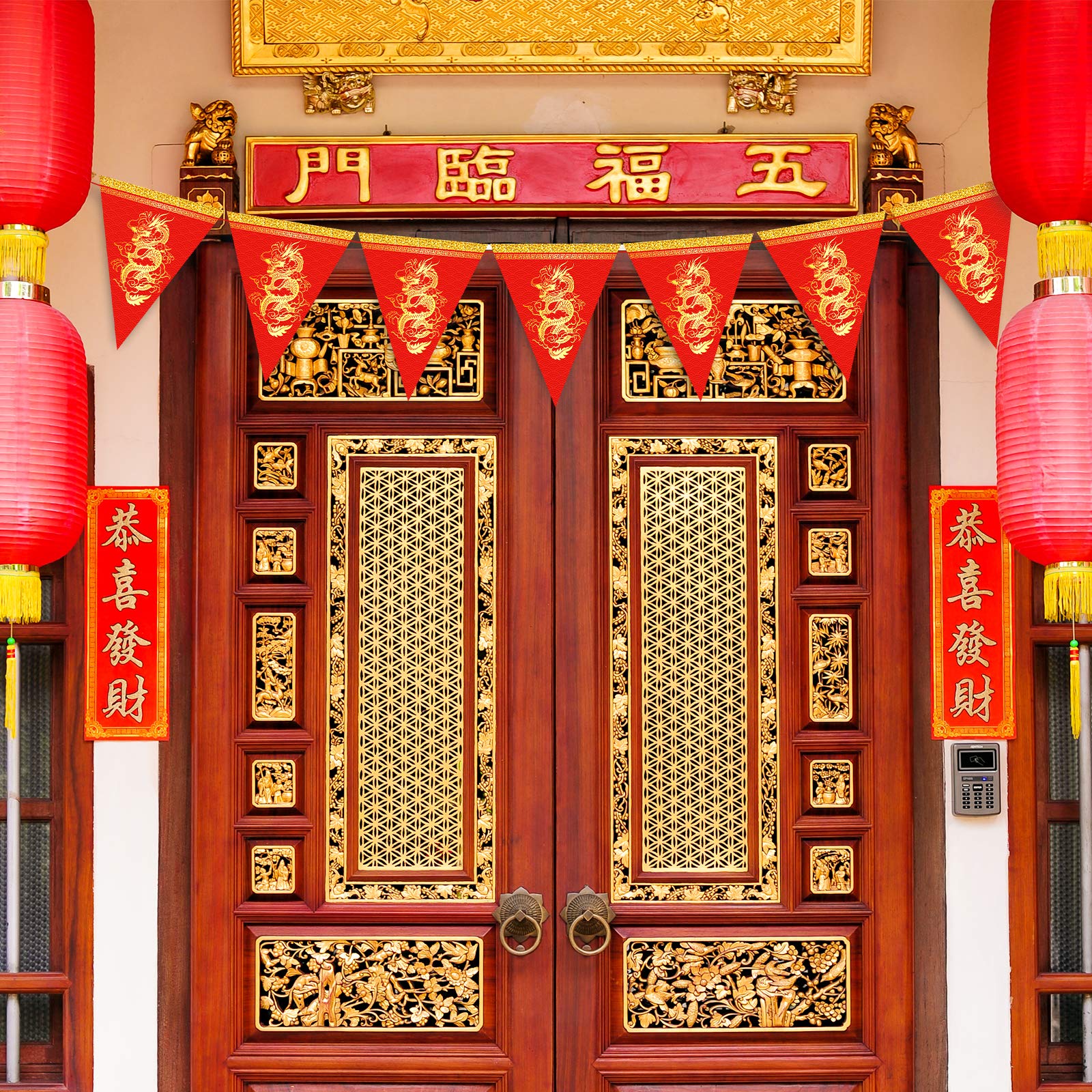 Whaline 20Pcs Chinese New Year Dragon Pennant Banner 2024 Spring Festive Triangle Bunting Flag Pre-Assembled Garland For Chinese