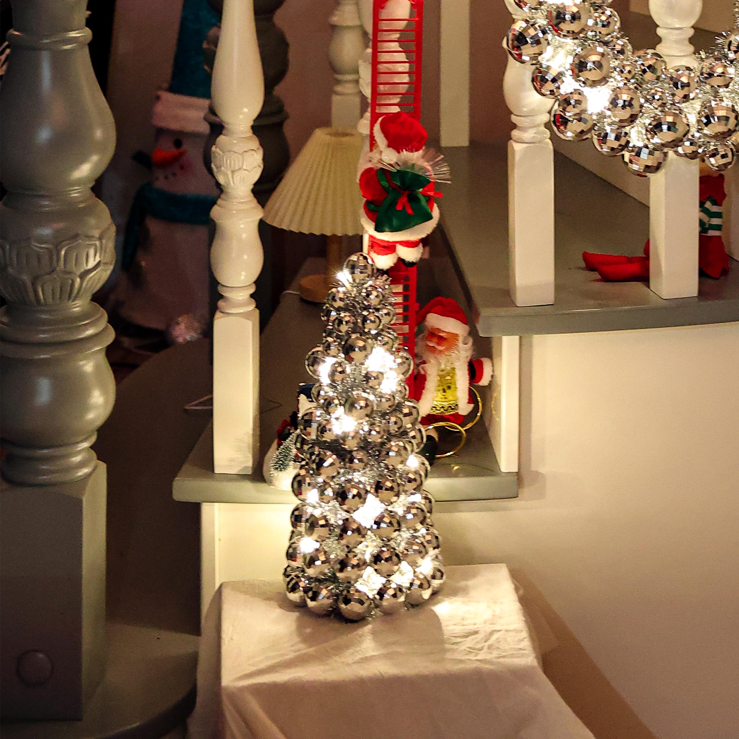 Amooca 16in Christmas Ball Tree with LED Lights Table Centerpiece Fireplace Decor Indoor Holiday Party Home Decoration Silver