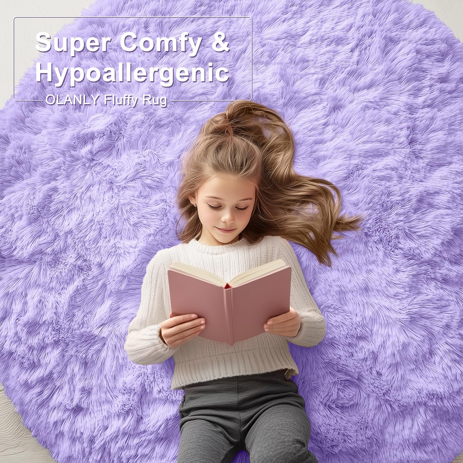 OLANLY Light Purple Round Rugs for Bedroom - Machine Washable, 4 ft Circle Area Rugs for Living Room, Soft and Fluffy Shaggy Car