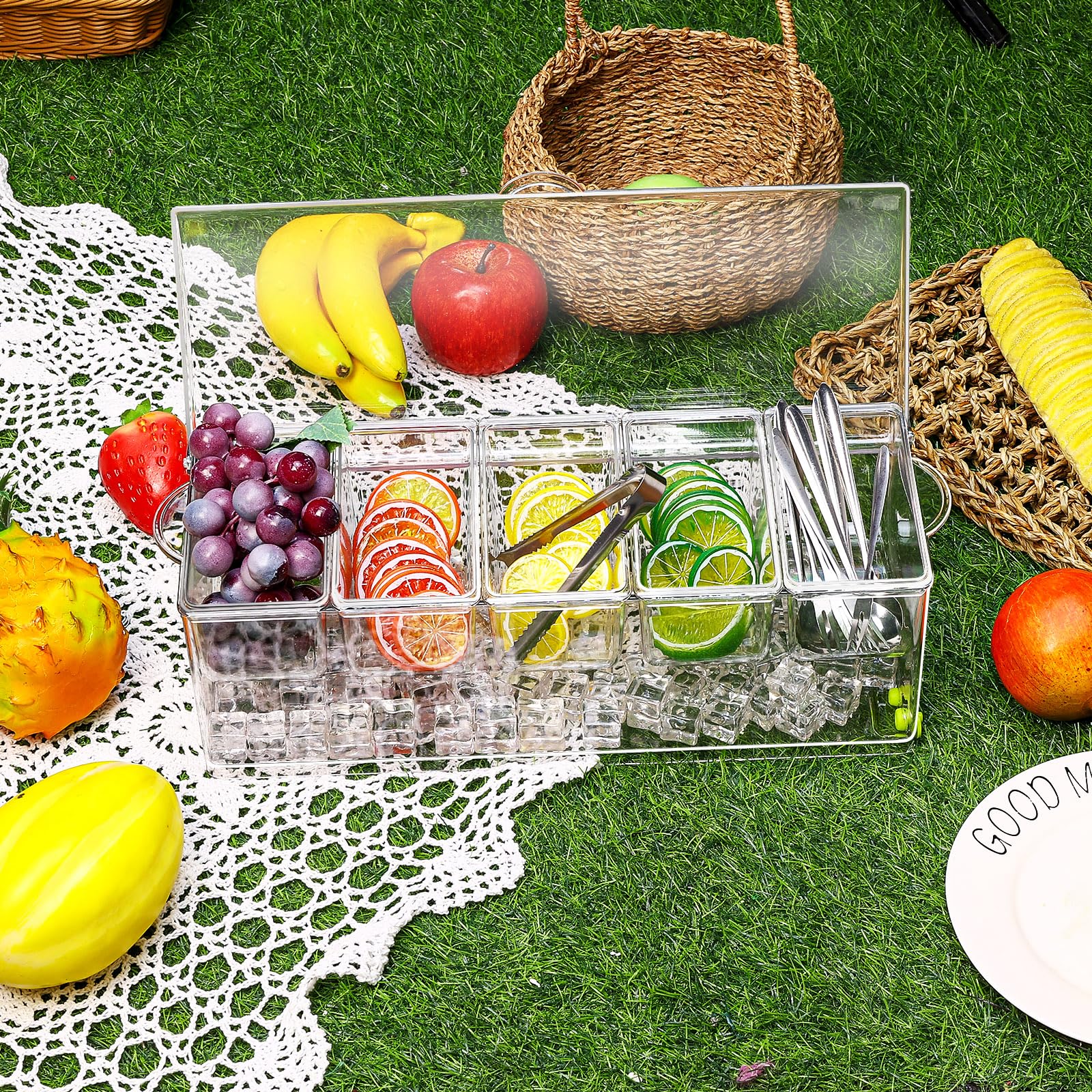 Darckle 5 Compartment Condiment Server, Ice Chilled Condiment Containers With Hinged Lid Chilled Caddy With 5 Removable Dishes A