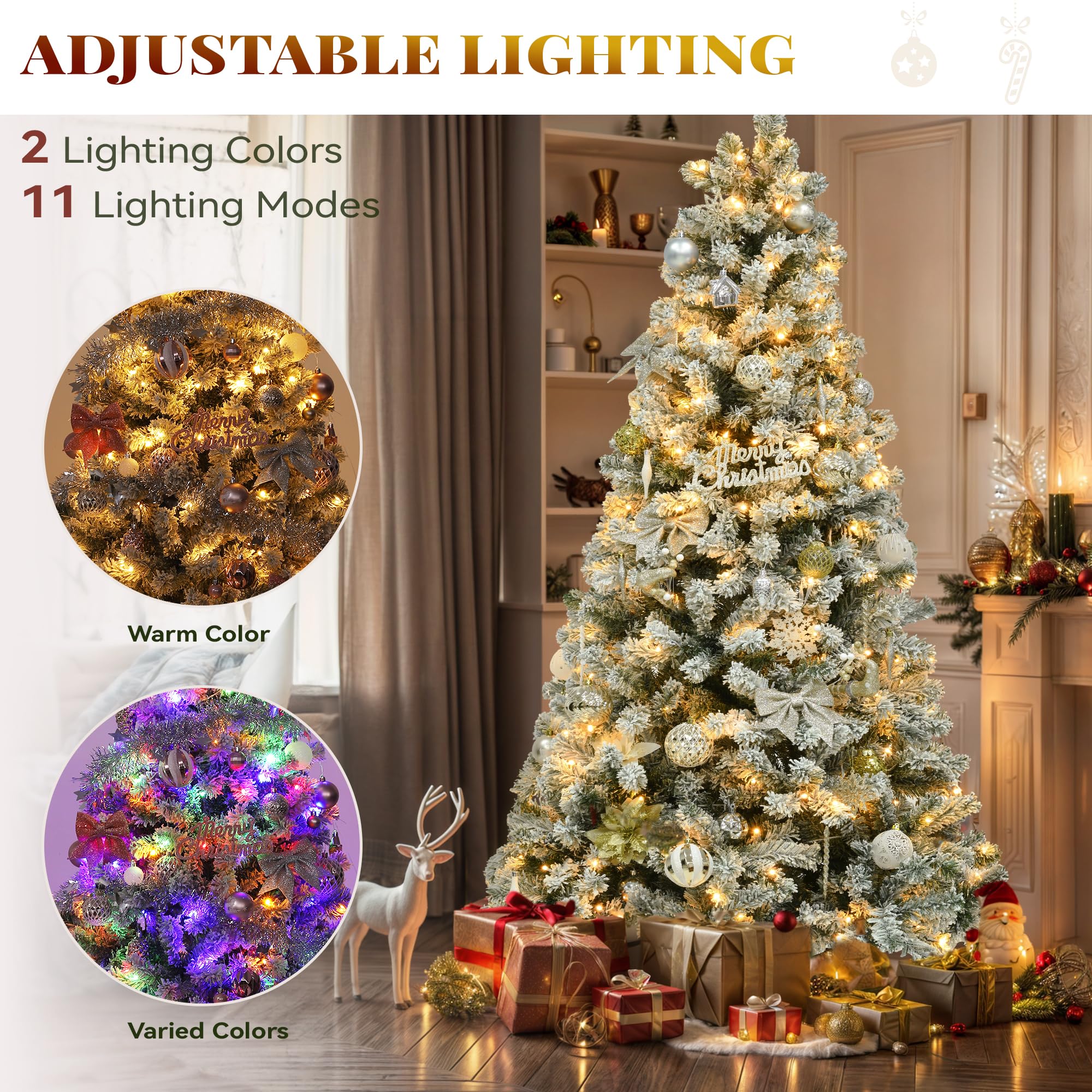 YITAHOME 6 FT Prelit Snow Flocked Christmas Tree with Remote, Hinged Pine Christmas Tree with 250 Warm White/Multicolor Changing