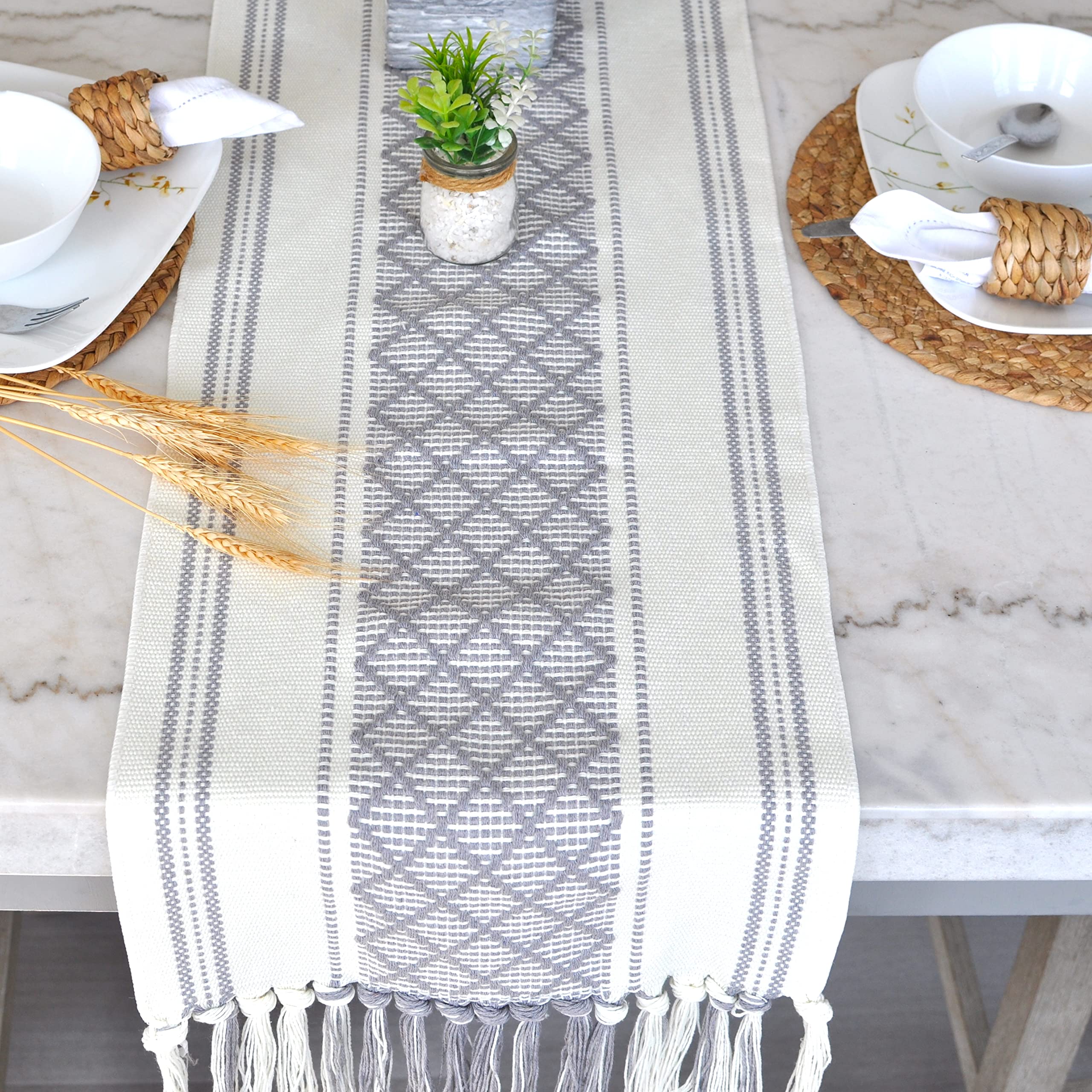 Oveesha Long Dining Table Runner With Tassels 14 X 90 Inches, Gray & Off White/Woven Washable Console Table Cover/Boho Dresser S