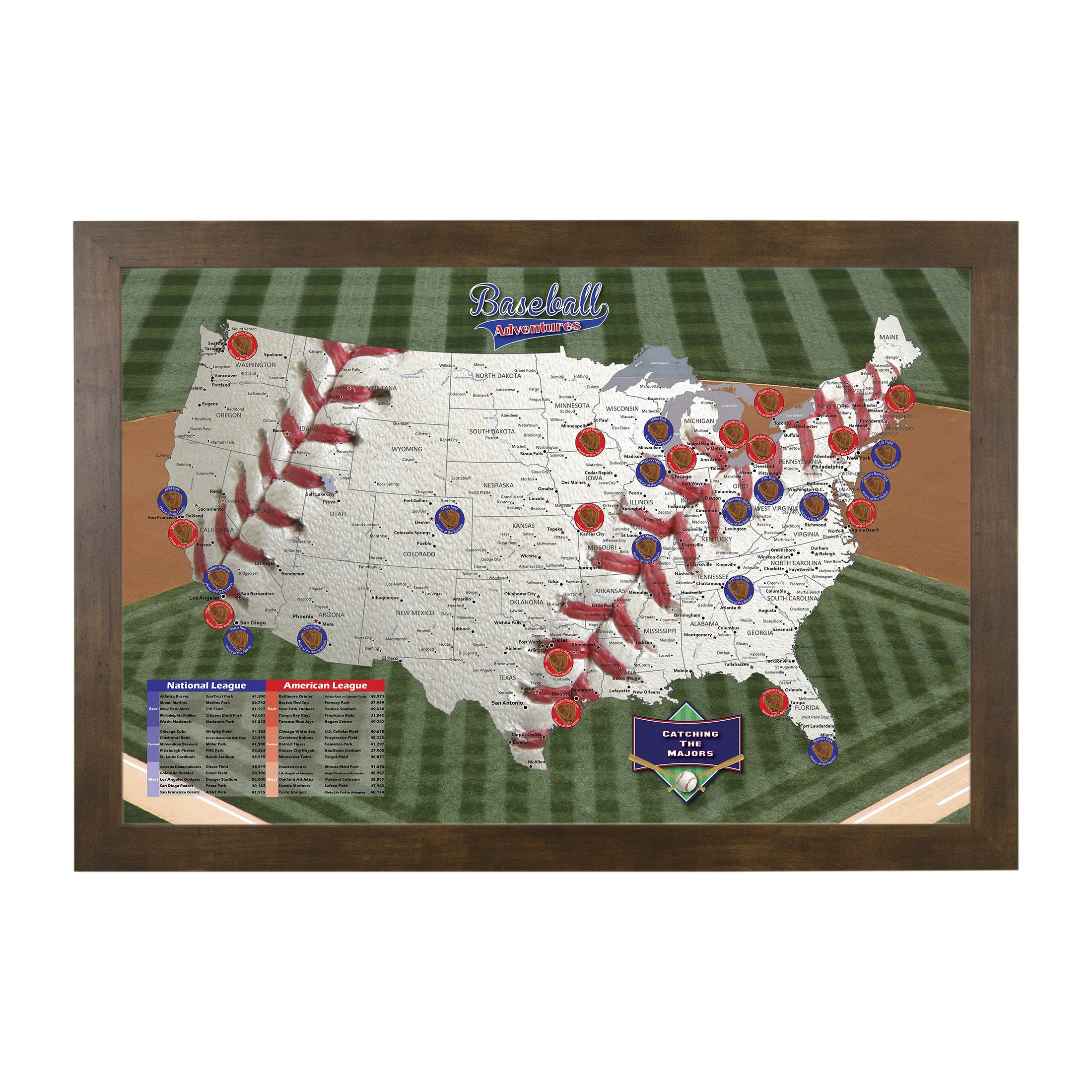 Baseball Adventures Push Pin Travel Map With Rustic Brown Frame And Pins - 27.5 Inches X 39.5 Inches