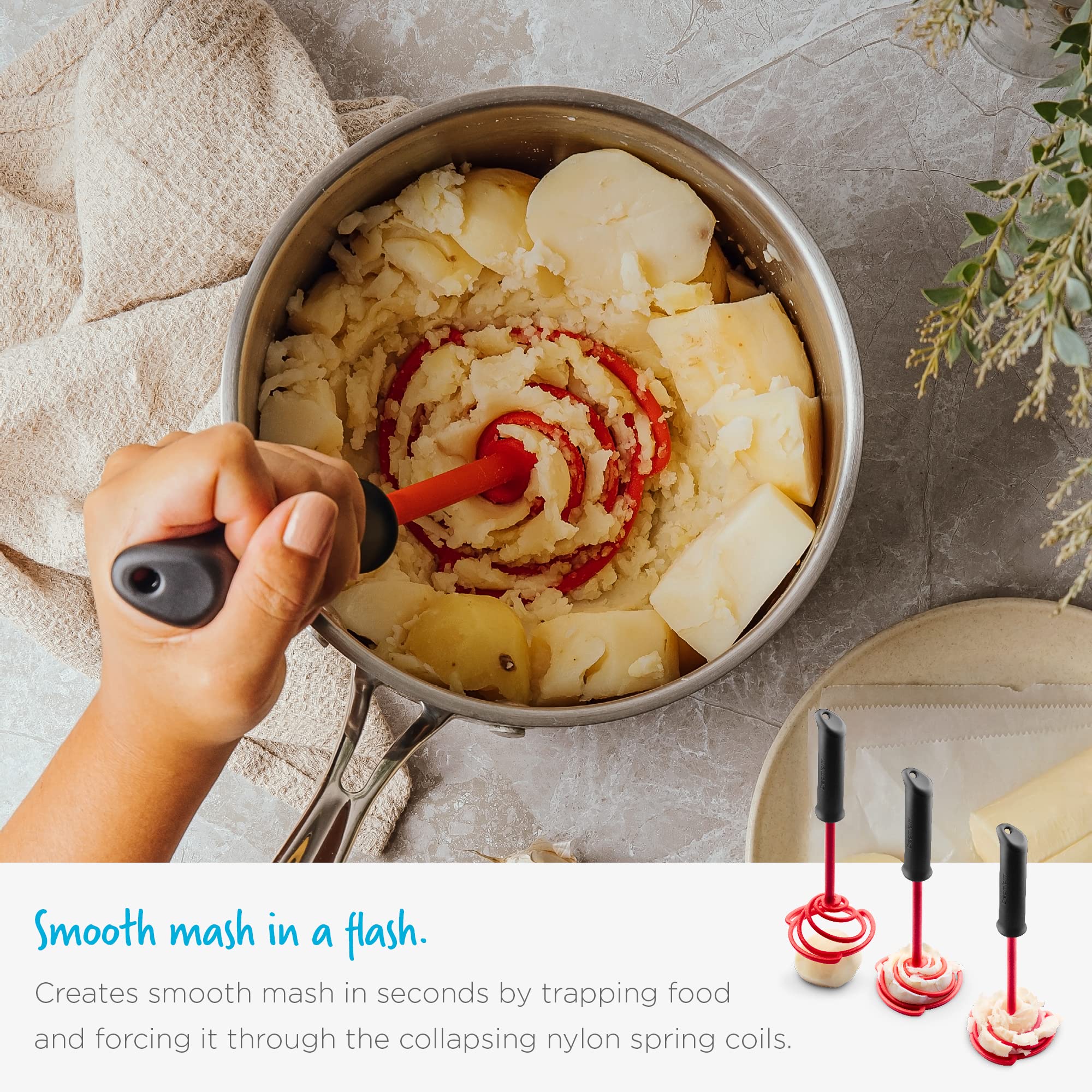 Dreamfarm Smood Lite | One-Handed Nylon Spring Coil Vegetable And Potato Masher With Soft Grip And Bowl Scraper | Red