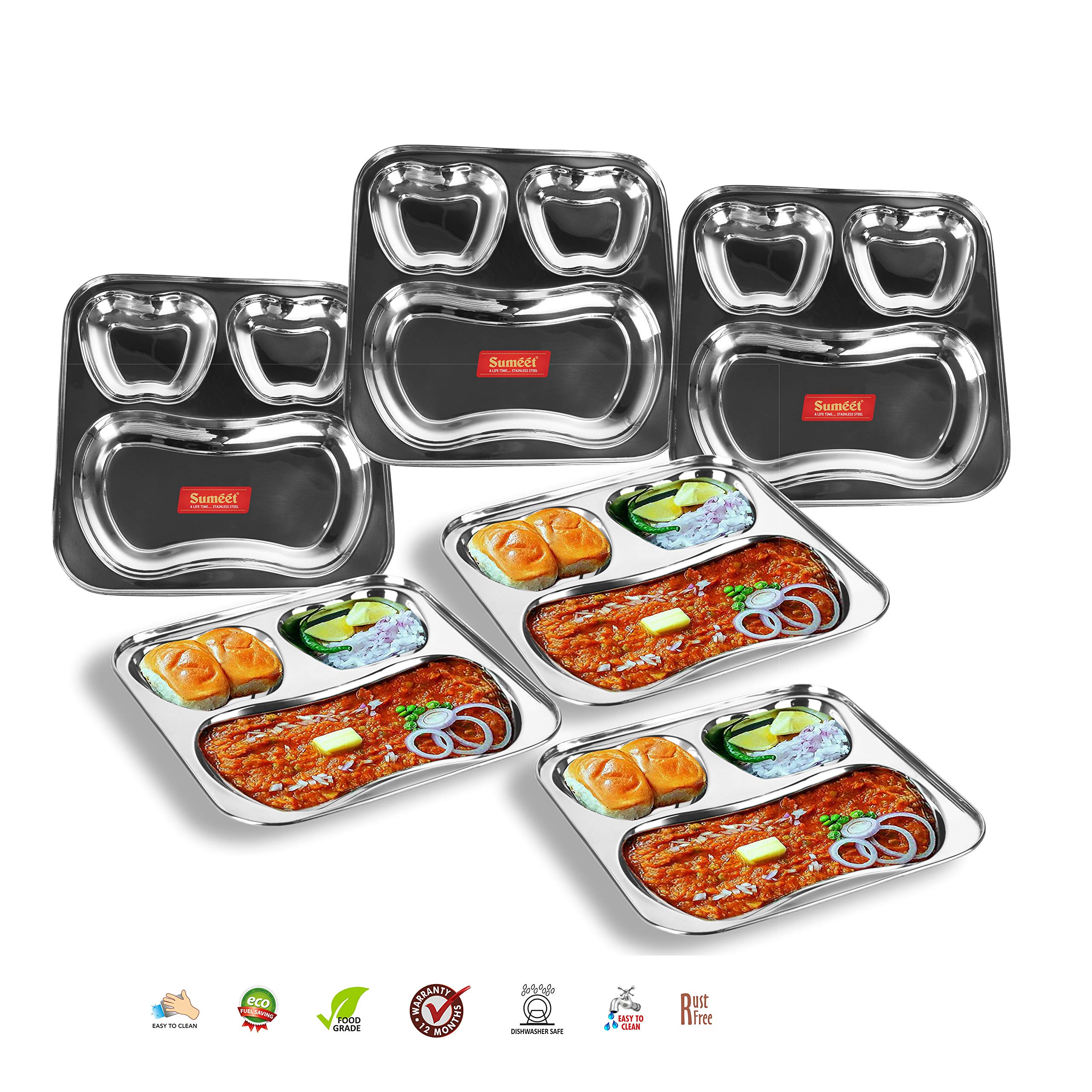 Sumeet Stainless Steel 3 In 1 Pav Bhaji Plate/Compartment Plate 21.5Cm Dia - Set Of 6Pc
