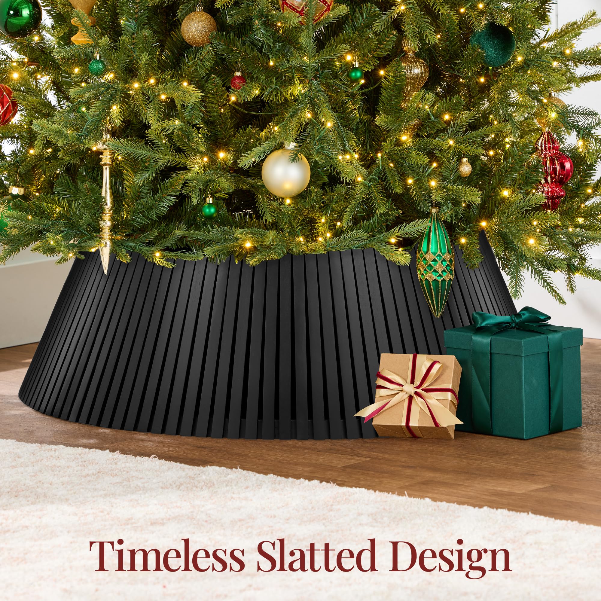 Best Choice Products 42in Christmas Tree Collar, Solid Wood Slatted Tree Skirt Holiday Accessory for Home - Black