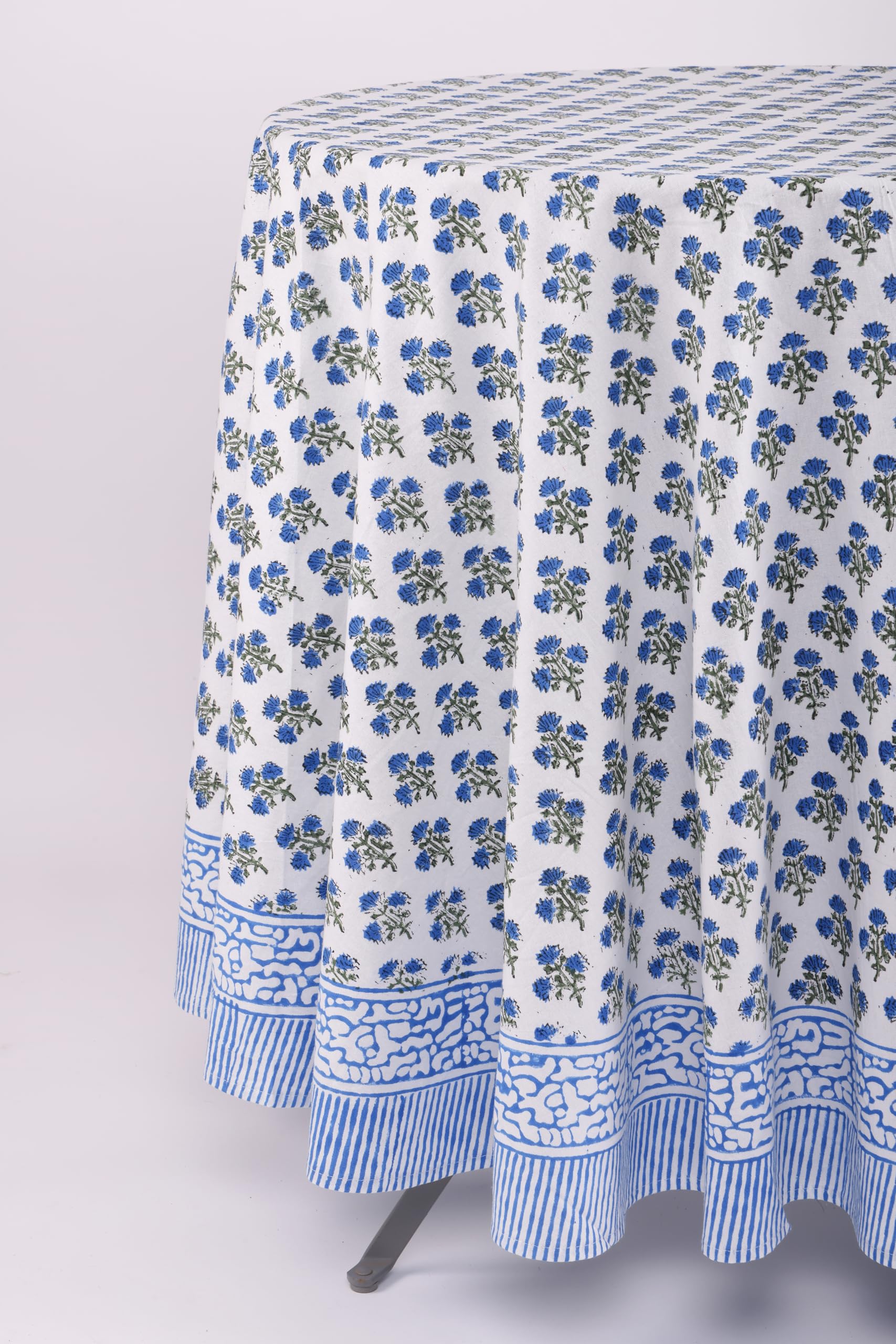 ATOSII Gulbahar Blue 100% Cotton Fall Round Tablecloth, Handblock Print Floral Table Cloth for Kitchen Dining Linen I Thanksgivi
