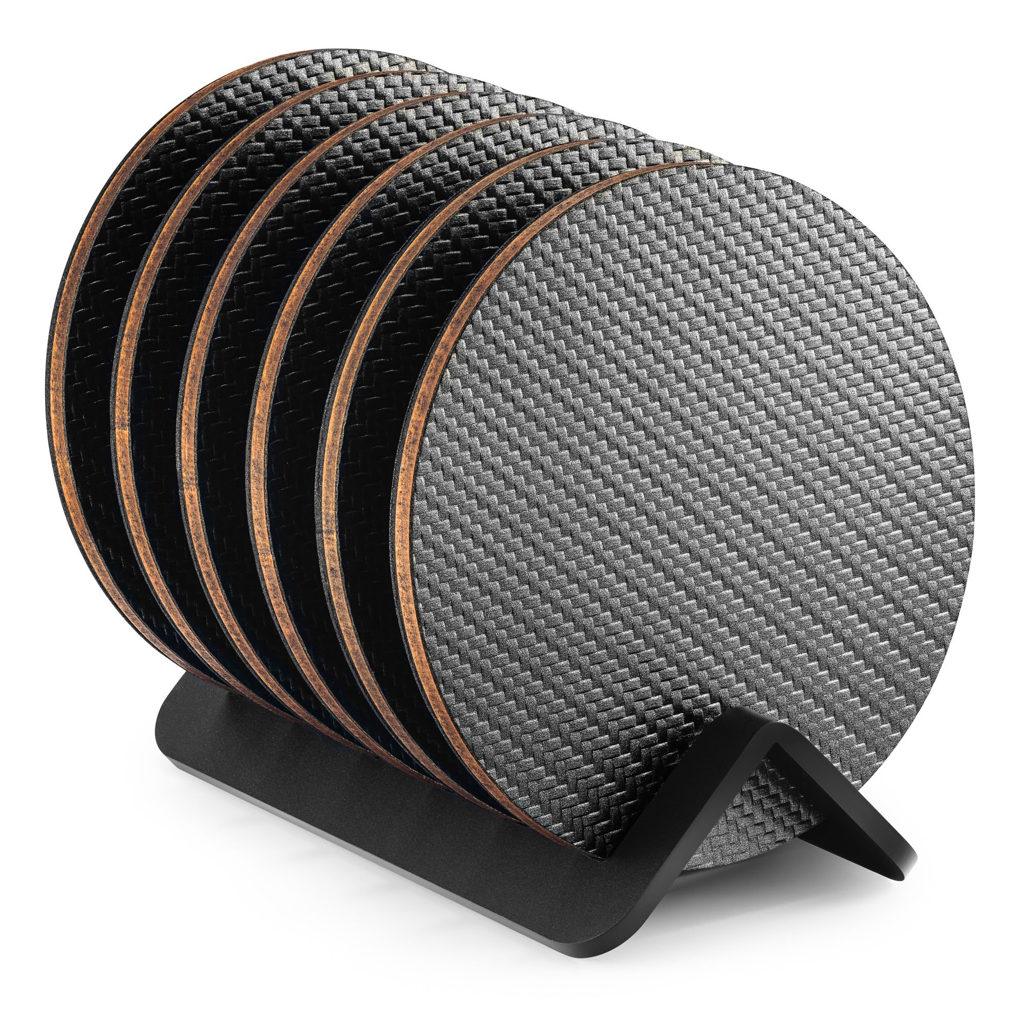 Modern Coasters For Drinks With Holder | 6 Premium Carbon Coasters In Classy Geometric Design | Protect Furniture | Unique Gift
