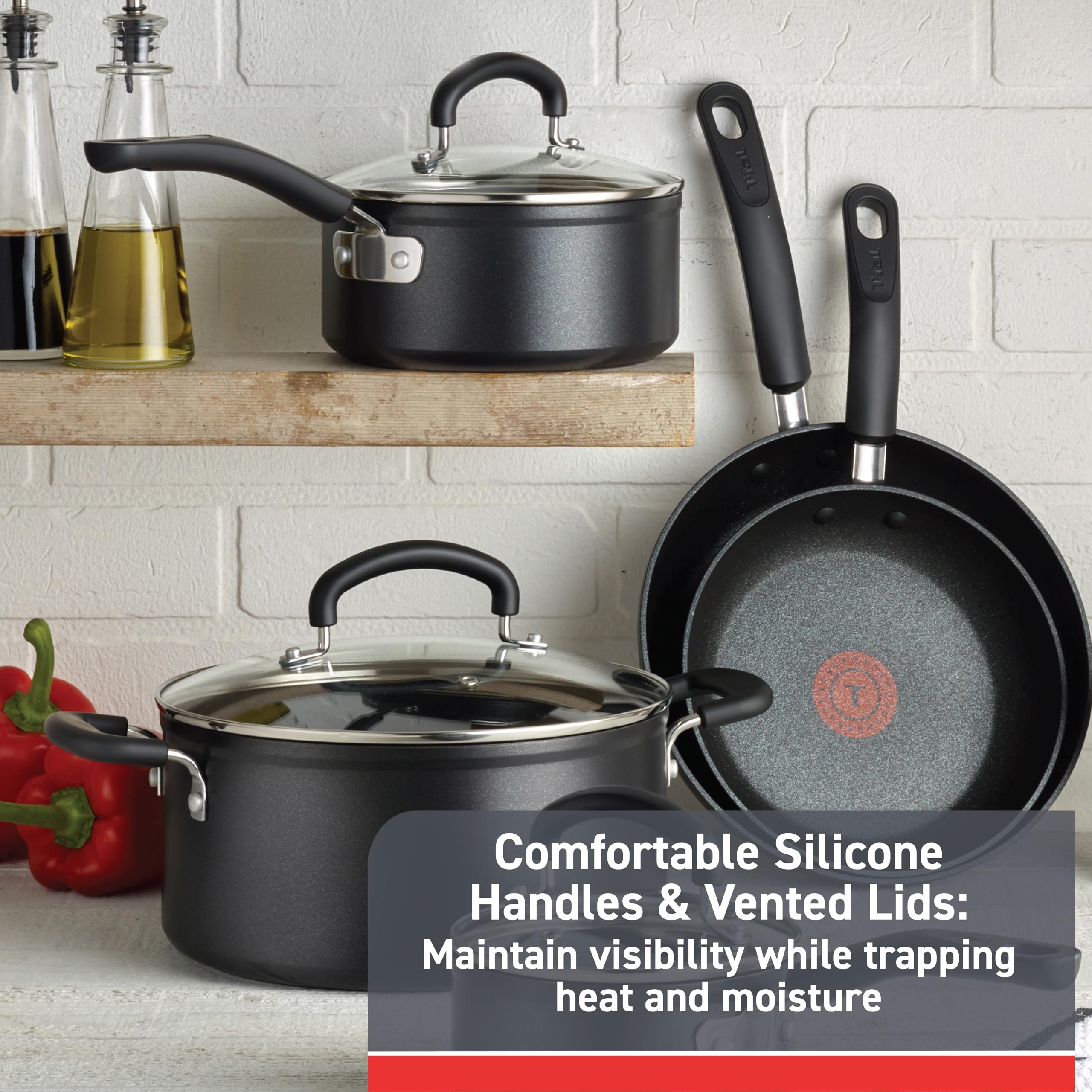 T-fal Advanced Nonstick Cookware Set 12 Piece, Oven Broiler Safe 350F, Kitchen Cooking Set W/ Fry Pans, Saucepans, Deep Saute, D