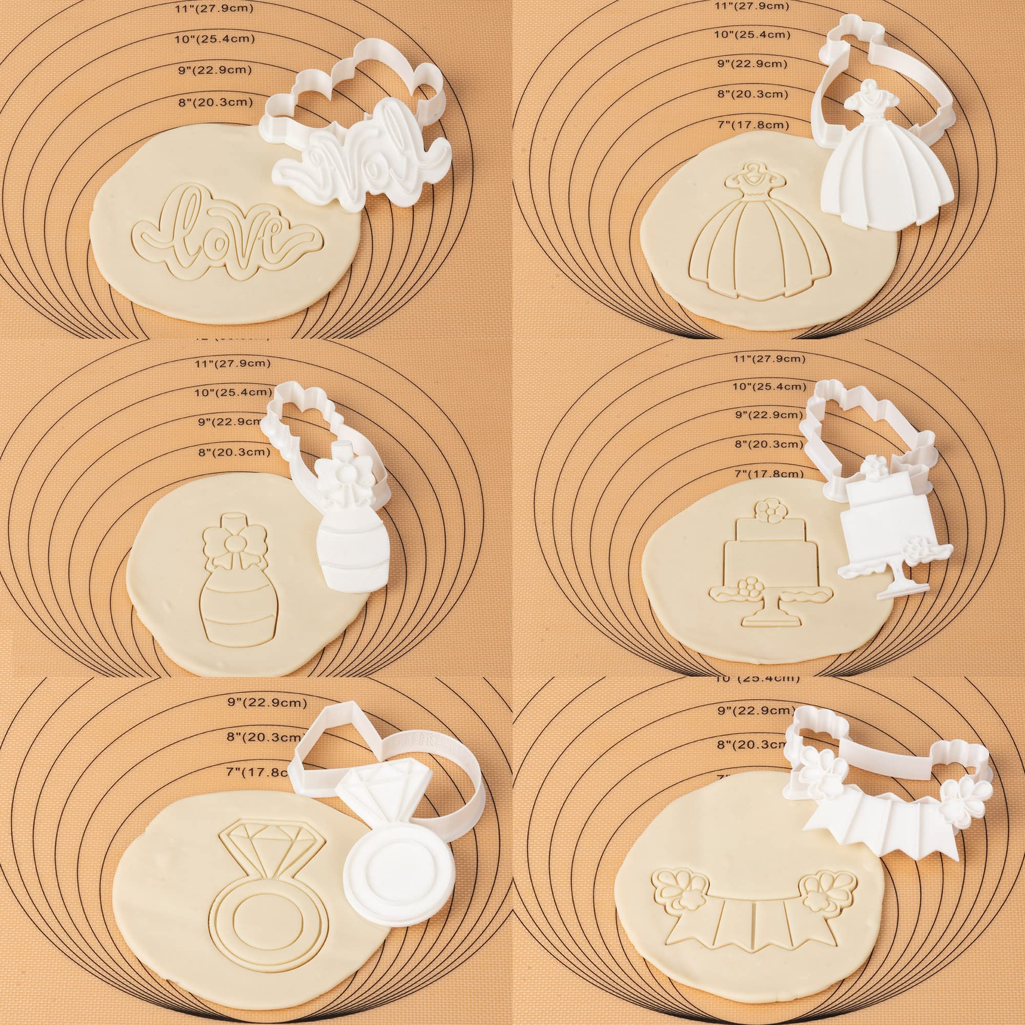 Flycalf Love Cookie Cutters Set Of 11 With 3D Stamper Pla Kitchen Cake Wedding Dress Love Ring Shapes For Kids 3'' Baking Emboss