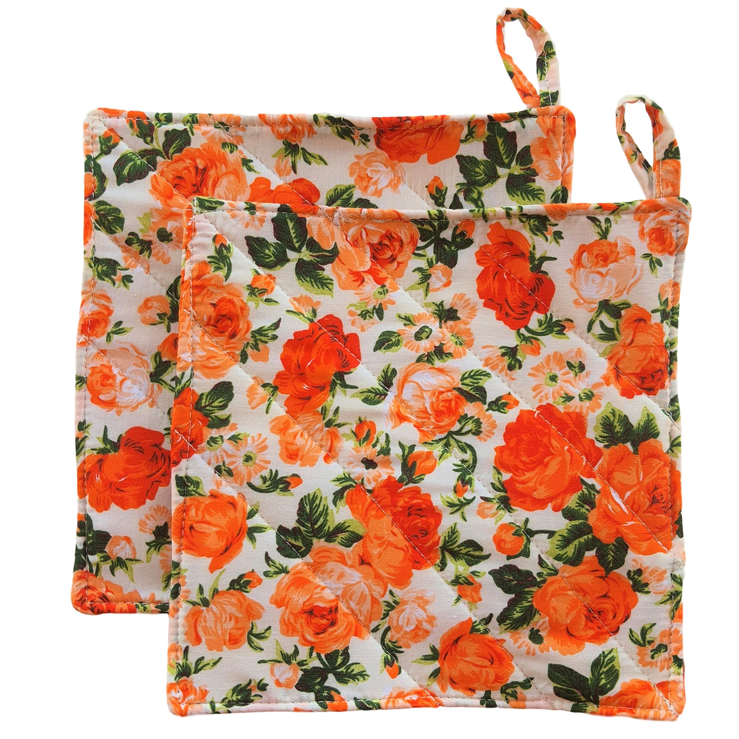 Cushystore Floral Blossom Garden Flower Pot Holder Oven Pads Potholders For Cooking Kitchen 7.75'', 2 Pack (Orange)