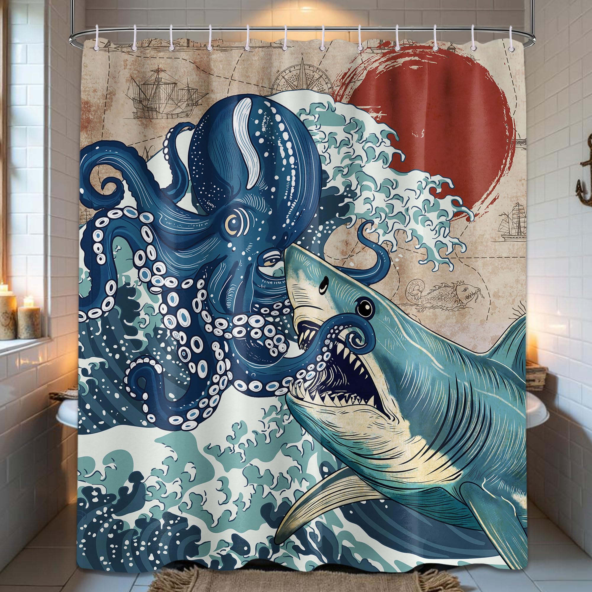 Dltay Funny Shower Curtain, Japanese Ocean Wave Anime Shower Curtains For Bathroom Decor, Waterproof Fabric Set With Hooks, 70 W