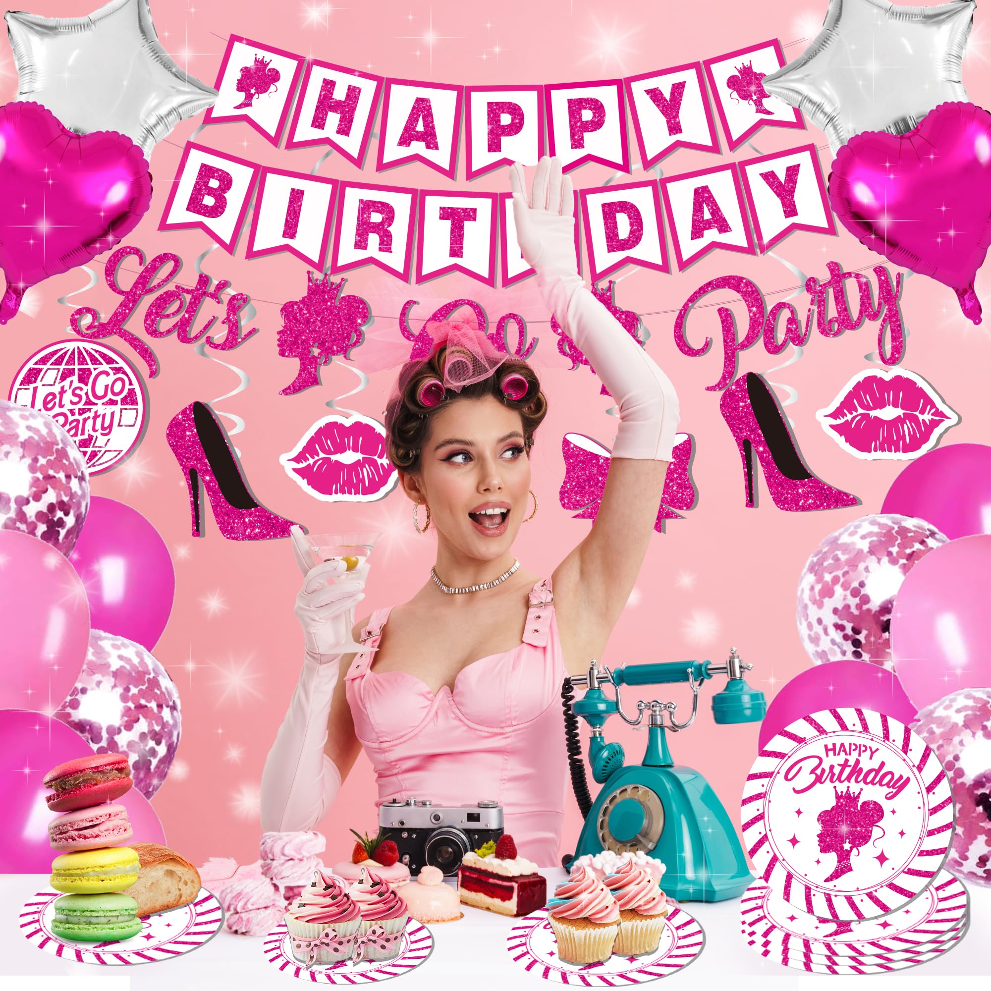 Pink Birthday Party Decorations For Girls - (Total 85Pcs) Pink Glitter Happy Birthday Banner For Her, Hanging Swirl, Foil Backdr