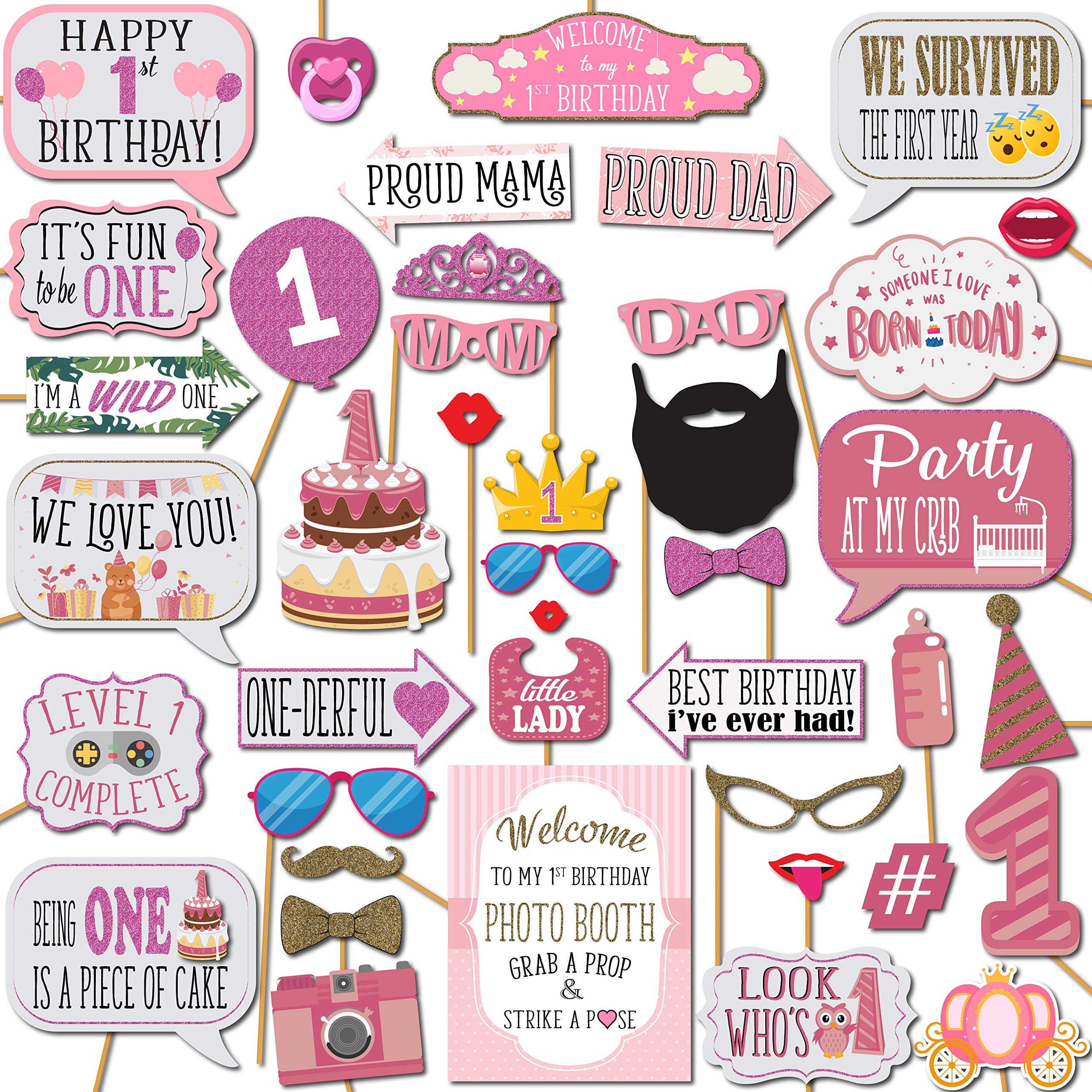 1St Birthday Girl Photo Booth Props - 41-Pc Photobooth Kit With 8 X 10-Inch Sign, 60 Adhesive Pads, 45 Sticks - Photo Booth Prop