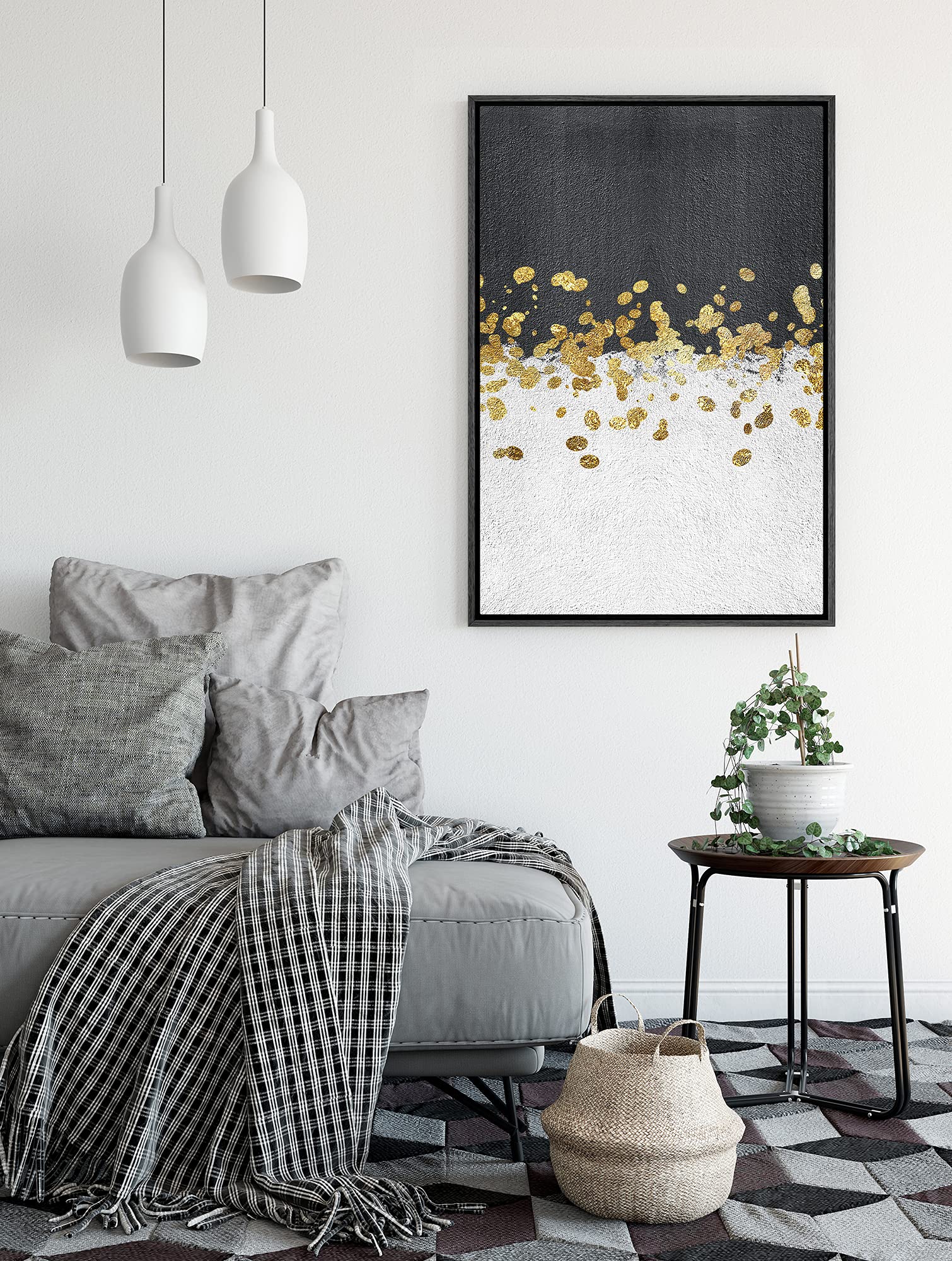 Signford Framed Canvas Print Wall Art Dual Black & White Color Fields & Gold Dots Geometric Shapes Illustrations Modern Art Cont