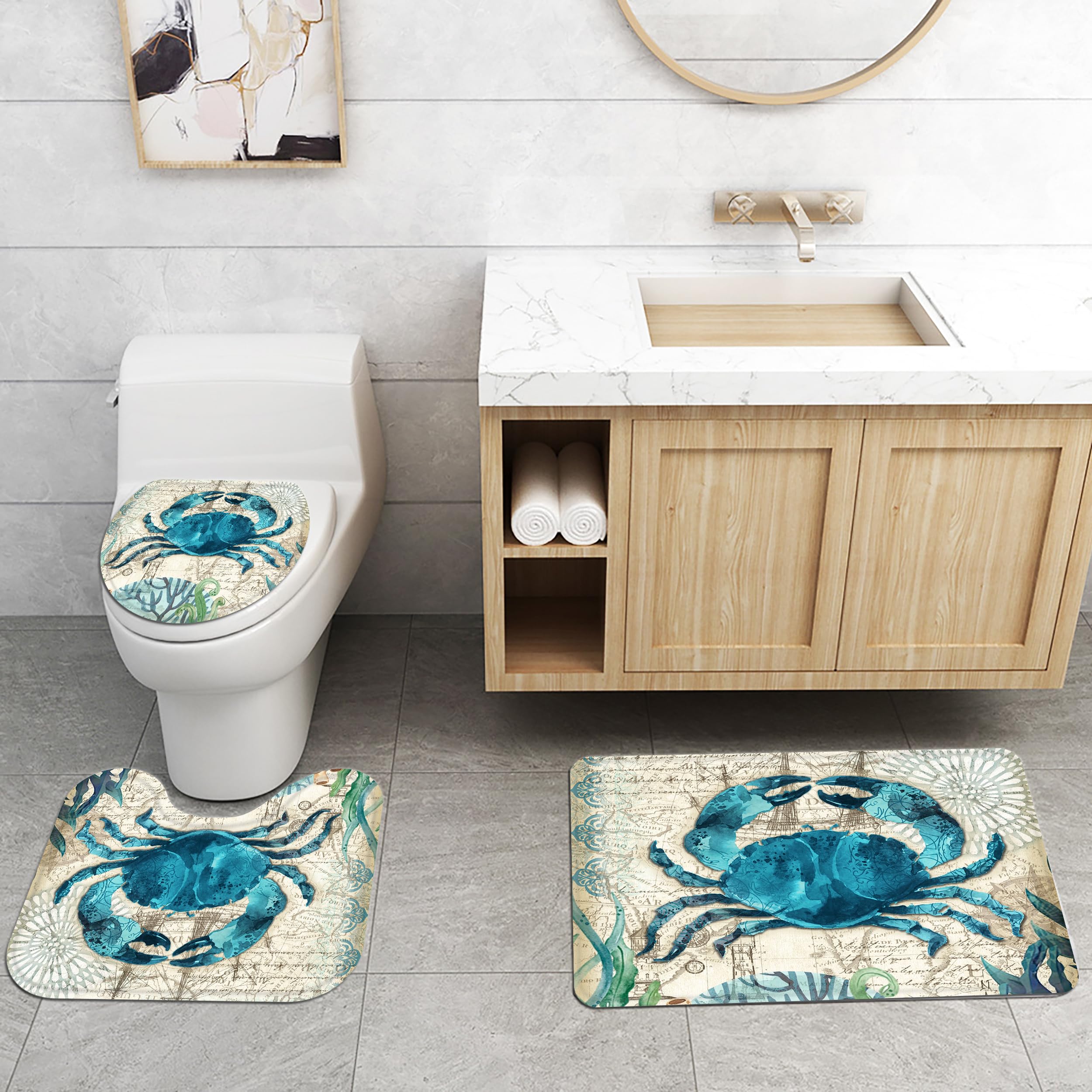 Planially 4Pcs Sea Crab Waterproof Shower Curtain Sets,Ocean Bathroom Sets With Shower Curtain, Toilet Lid Rug, Contour Mat And
