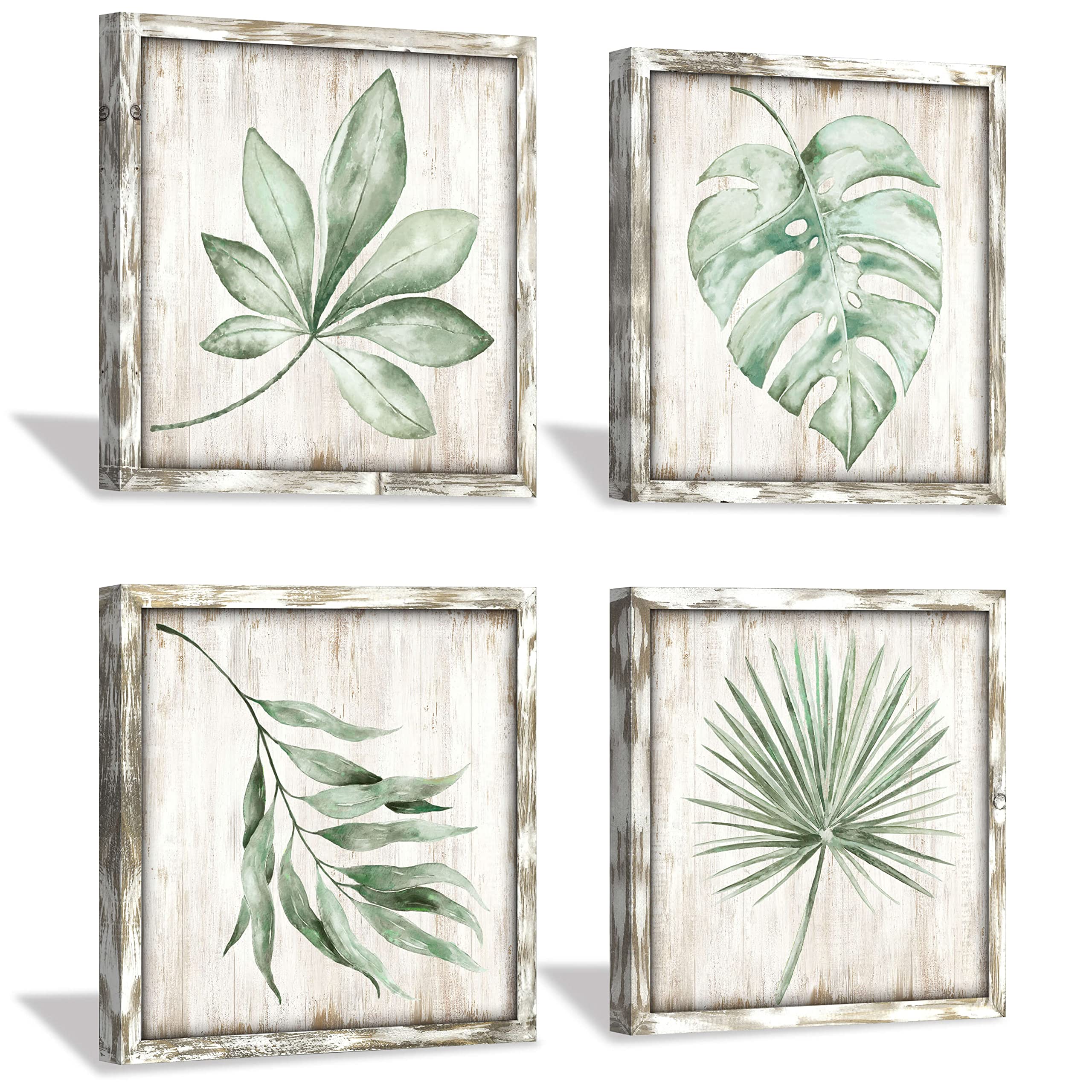 Hardy Gallery Green Leaves Prints Wall Art: Rustic Wooden Background Palm Tree Leaf Simple Life Painting For Bathroom Wall Decor